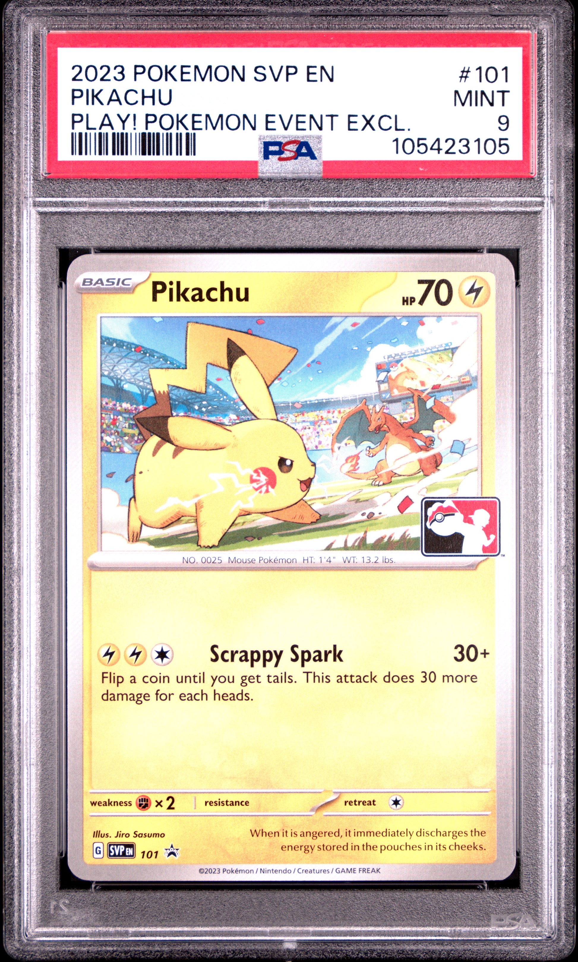 PIKACHU 101/SVP Common POKEMON SVP EN-SV BLACK STAR PROMO PLAY! POKEMON EVENT EXCL. PSA9 MINT 9 PSA population 539 <a href=https://www.psacard.com/cert/105423105/psa>https://www.psacard.com/cert/105423105/psa</a>