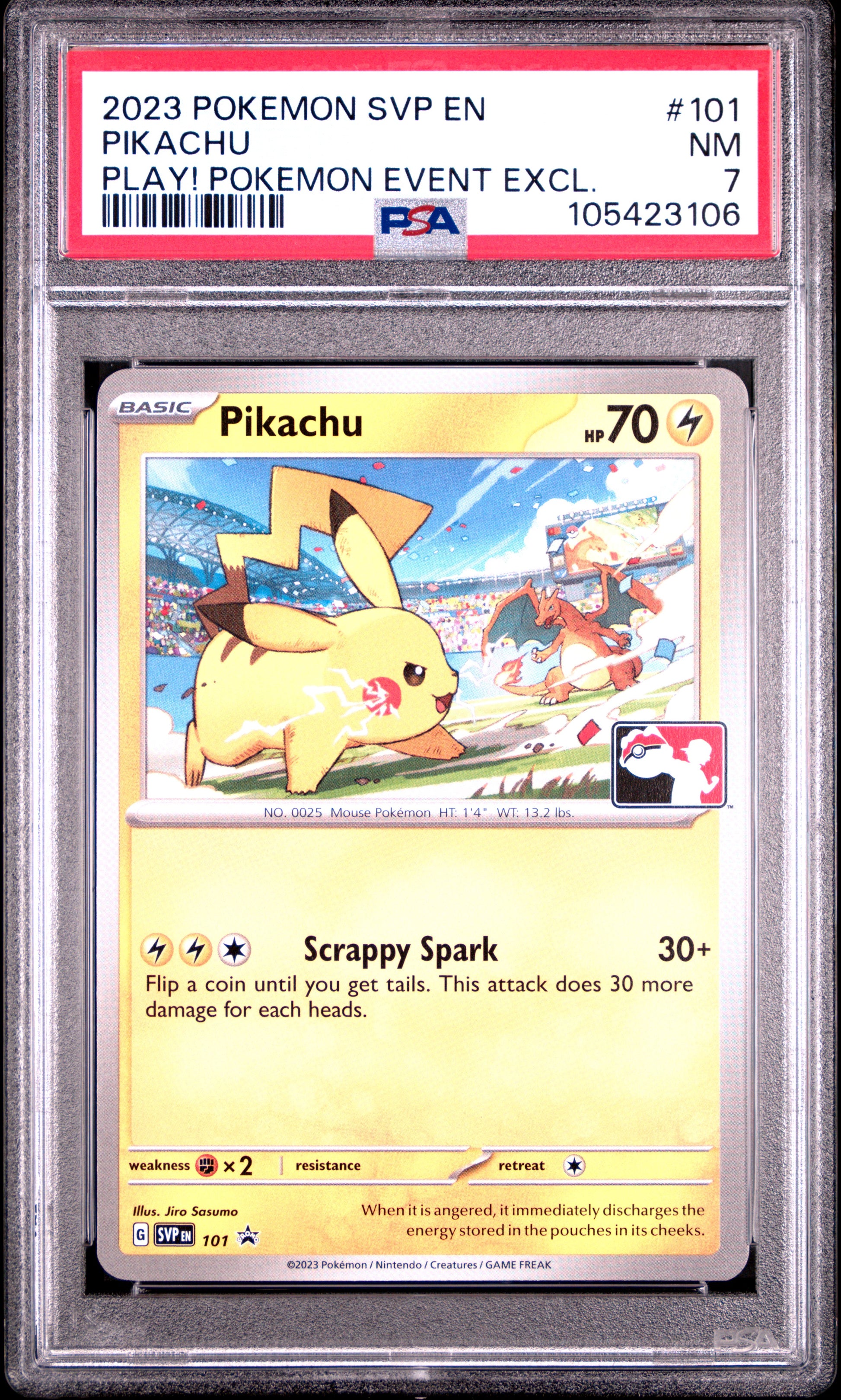 PIKACHU 101/SVP Common POKEMON SVP EN-SV BLACK STAR PROMO PLAY! POKEMON EVENT EXCL. PSA7 NM 7 PSA population 11 <a href=https://www.psacard.com/cert/105423106/psa>https://www.psacard.com/cert/105423106/psa</a>