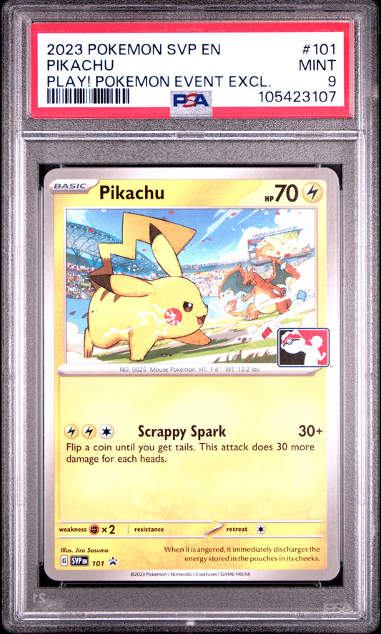 PIKACHU 101/SVP Common POKEMON SVP EN-SV BLACK STAR PROMO PLAY! POKEMON EVENT EXCL. PSA9 MINT 9 PSA population 539 <a href=https://www.psacard.com/cert/105423107/psa>https://www.psacard.com/cert/105423107/psa</a>