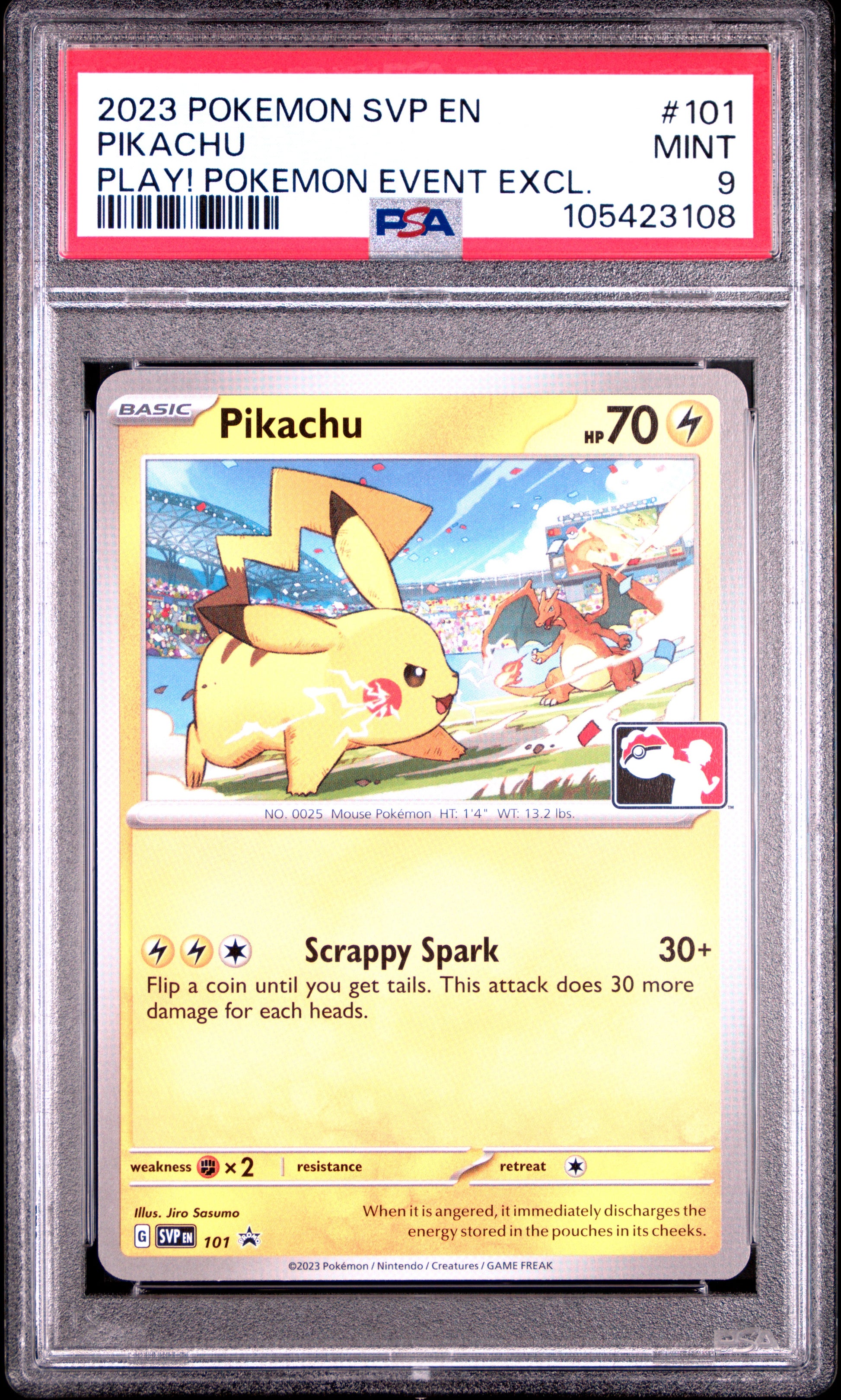 PIKACHU 101/SVP Common POKEMON SVP EN-SV BLACK STAR PROMO PLAY! POKEMON EVENT EXCL. PSA9 MINT 9 PSA population 539 <a href=https://www.psacard.com/cert/105423108/psa>https://www.psacard.com/cert/105423108/psa</a>