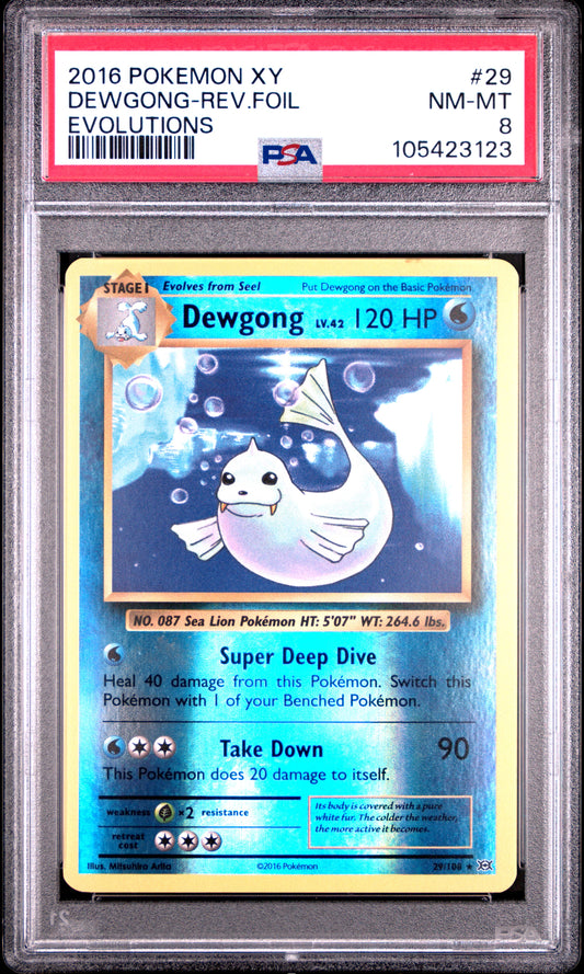 DEWGONG-REV.FOIL 29/108 [Reverse Holo] POKEMON XY EVOLUTIONS EVOLUTIONS PSA9 NM-MT 8 PSA population 61 <a href=https://www.psacard.com/cert/105423123/psa>https://www.psacard.com/cert/105423123/psa</a>