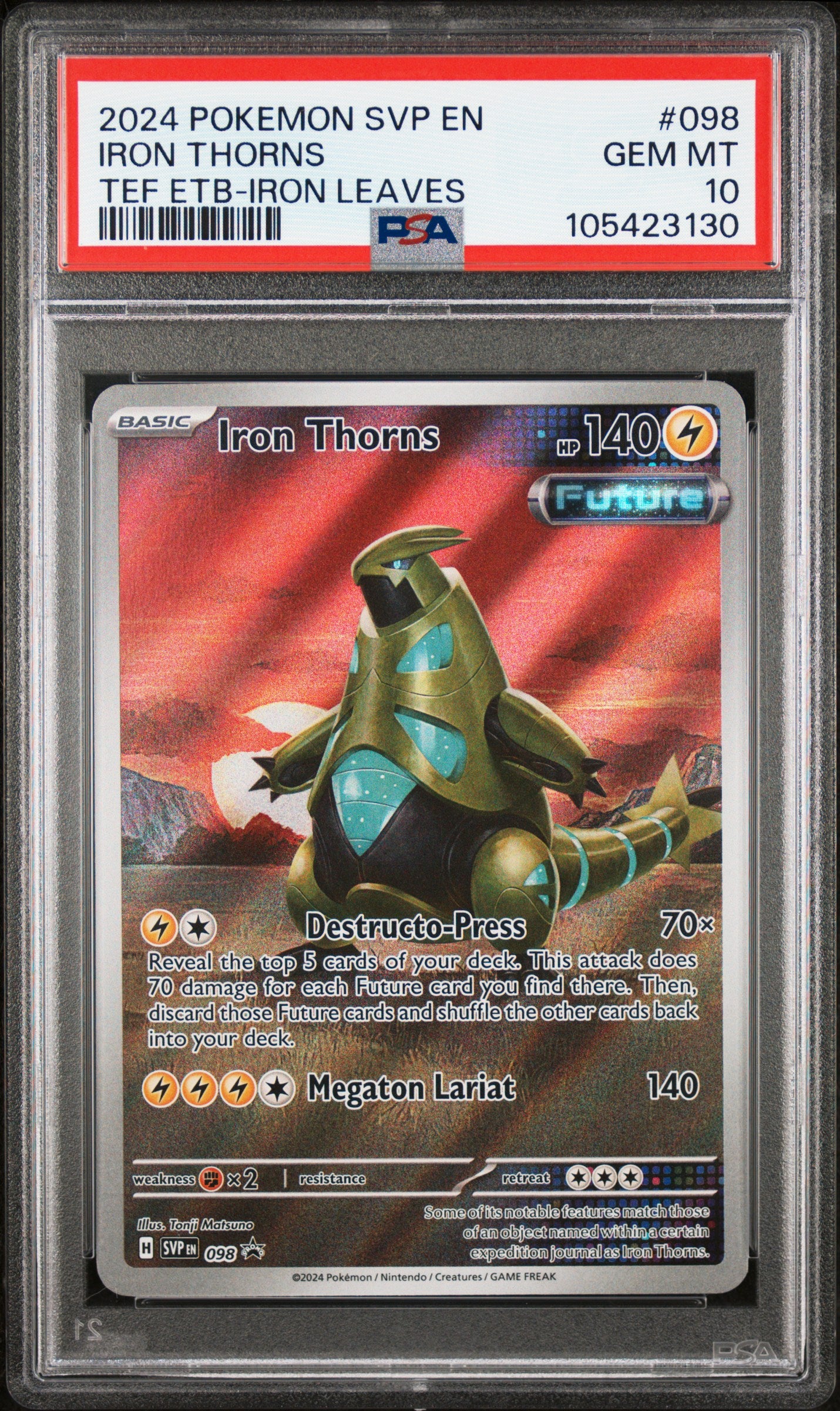 IRON THORNS 98/SVP Common POKEMON SVP EN-SV BLACK STAR PROMO TEF ETB-IRON LEAVES PSA10 GEM MT 10 PSA population 344 <a href=https://www.psacard.com/cert/105423130/psa>https://www.psacard.com/cert/105423130/psa</a>