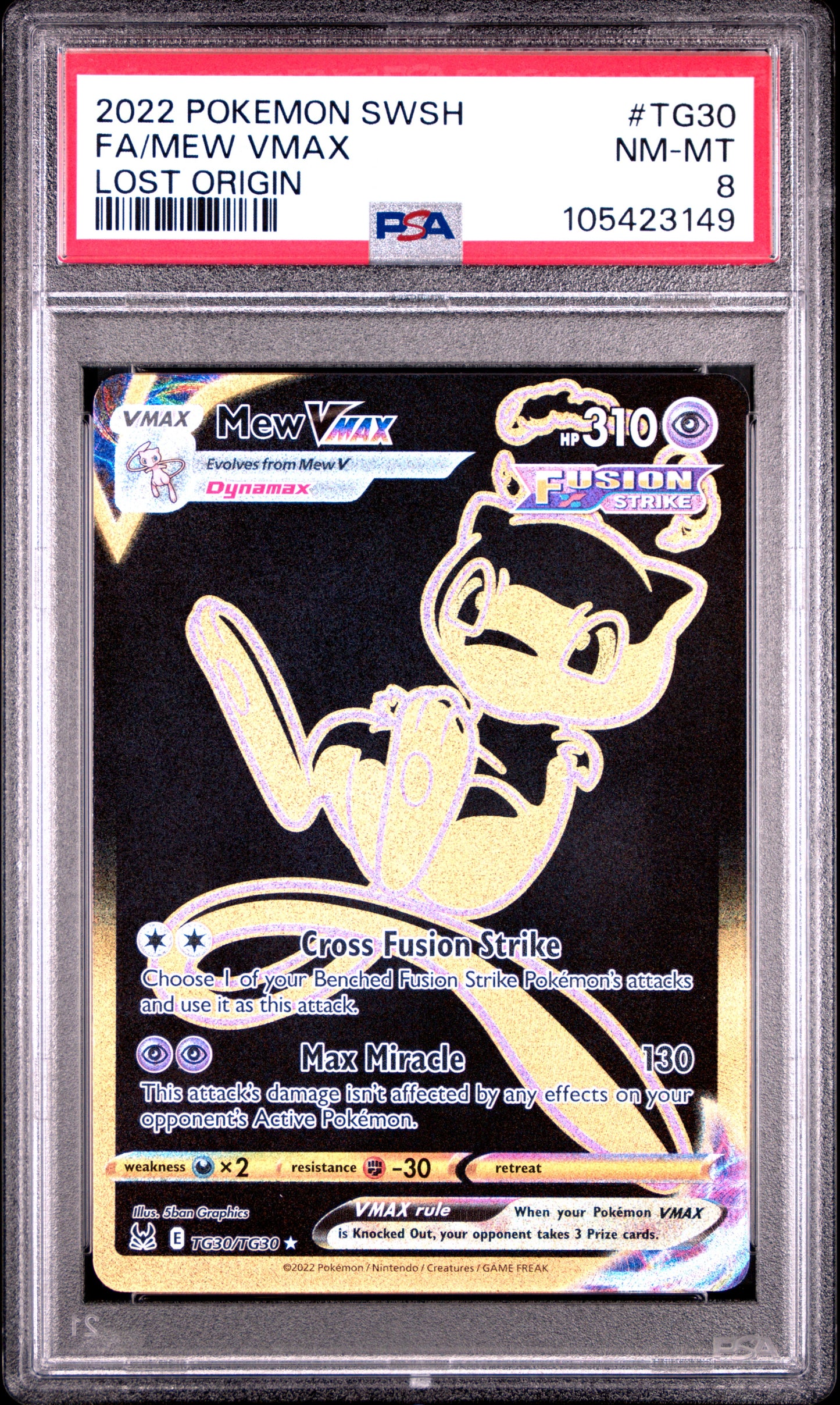 FA/MEW VMAX TG30/TG30 Common POKEMON SWORD & SHIELD LOST ORIGIN LOST ORIGIN PSA8 NM-MT 8 PSA population 336 <a href=https://www.psacard.com/cert/105423149/psa>https://www.psacard.com/cert/105423149/psa</a>