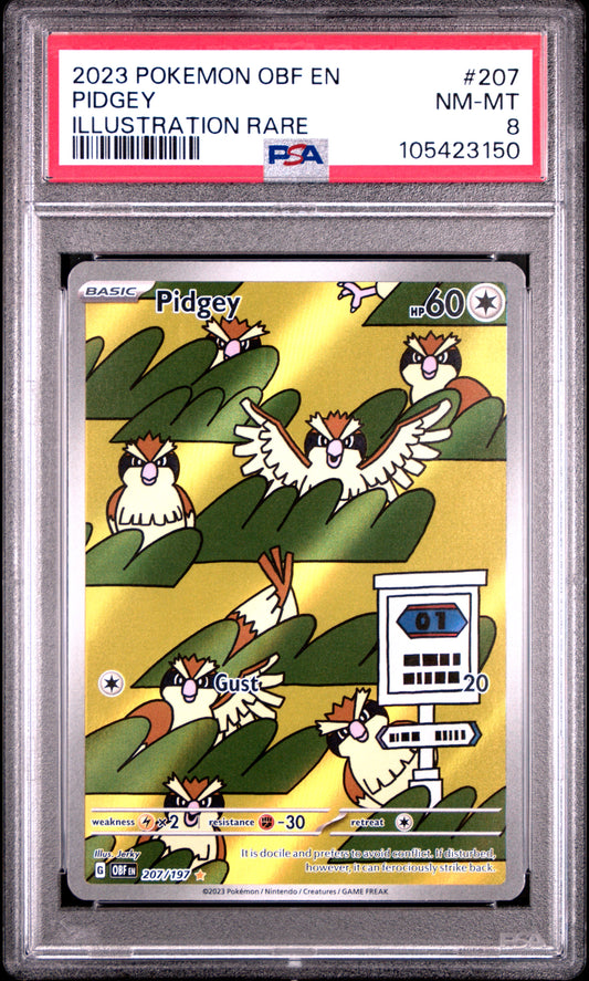 PIDGEY 207/197 Common POKEMON OBF EN-OBSIDIAN FLAMES ILLUSTRATION RARE PSA8 NM-MT 8 PSA population 778 <a href=https://www.psacard.com/cert/105423150/psa>https://www.psacard.com/cert/105423150/psa</a>