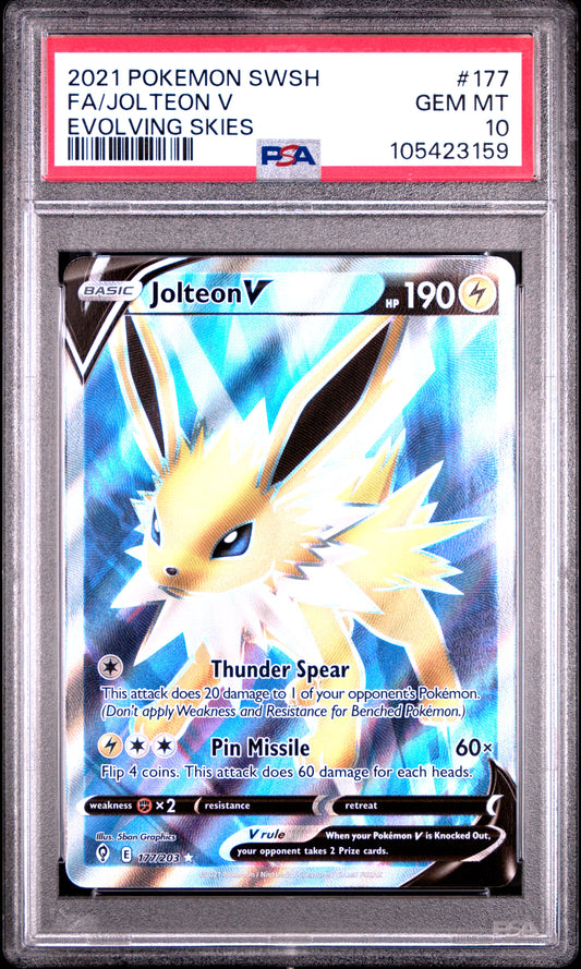 FA/JOLTEON V 177/203 Common POKEMON SWORD & SHIELD EVOLVING SKIES EVOLVING SKIES PSA10 GEM MT 10 PSA population 513 <a href=https://www.psacard.com/cert/105423159/psa>https://www.psacard.com/cert/105423159/psa</a>