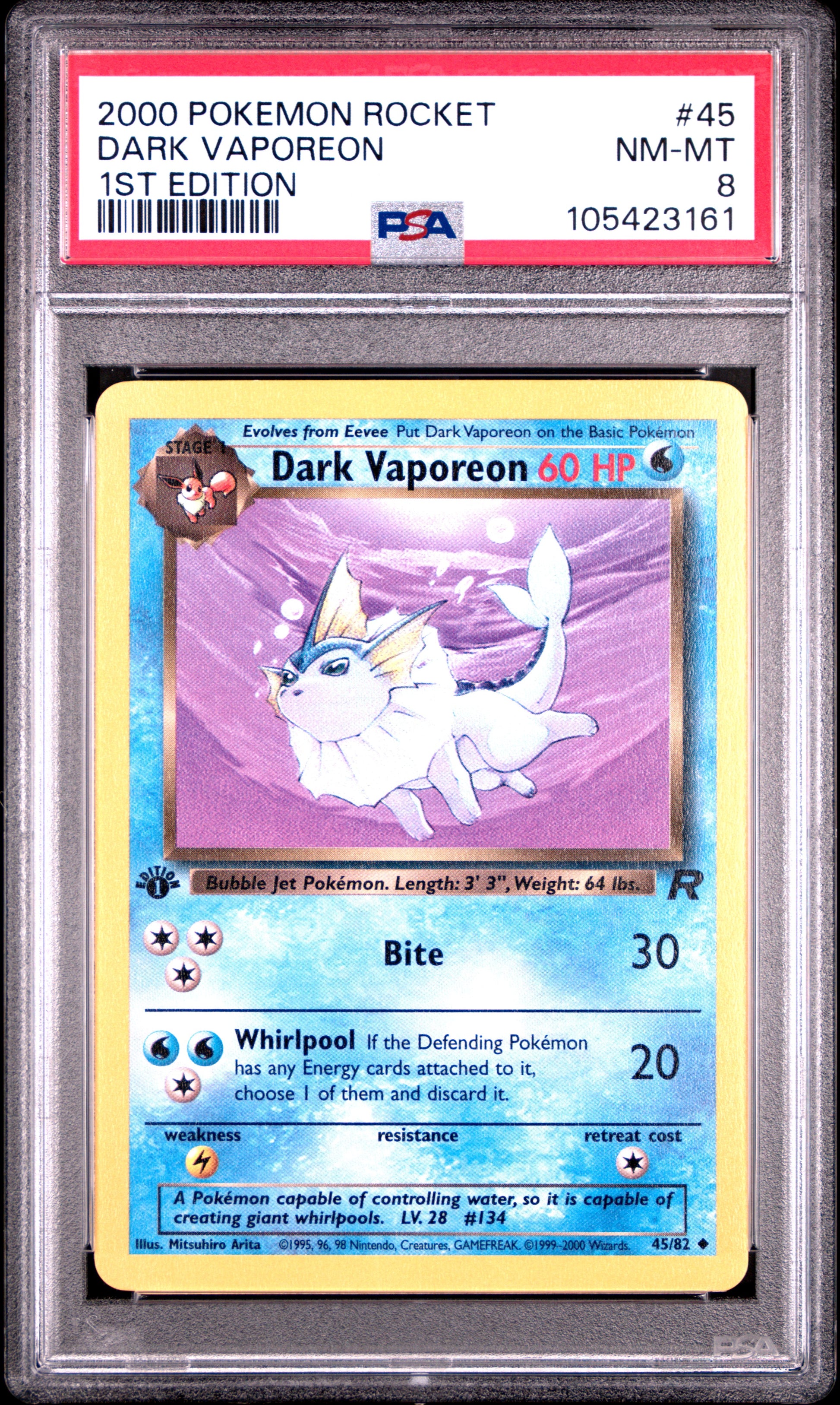 DARK VAPOREON 45/82 [1st Edition] POKEMON ROCKET 1ST EDITION PSA8 NM-MT 8 PSA population 776 <a href=https://www.psacard.com/cert/105423161/psa>https://www.psacard.com/cert/105423161/psa</a>