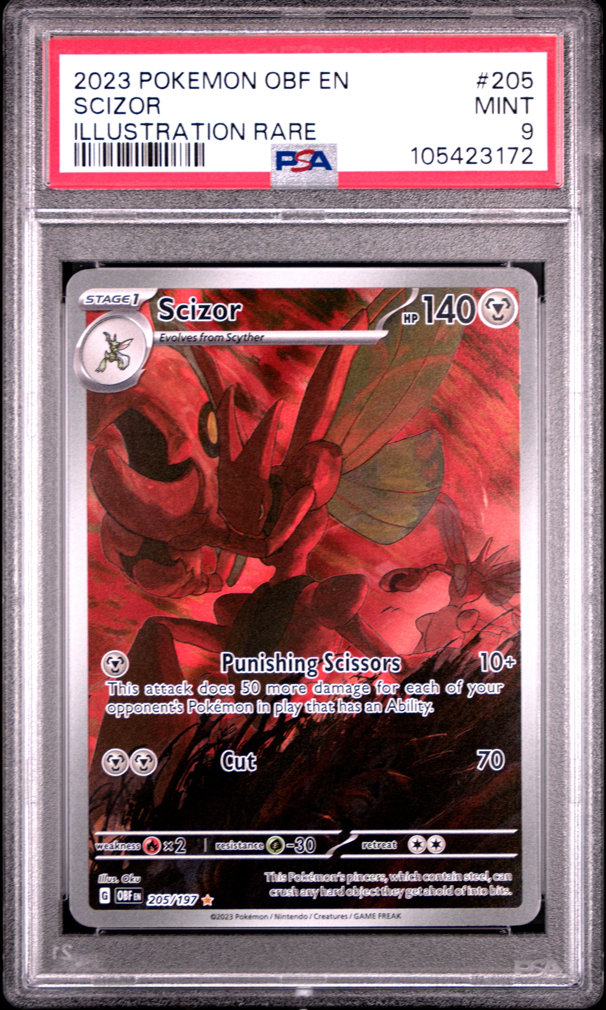 SCIZOR 205/197 Common POKEMON OBF EN-OBSIDIAN FLAMES ILLUSTRATION RARE PSA9 MINT 9 PSA population 3382 <a href=https://www.psacard.com/cert/105423172/psa>https://www.psacard.com/cert/105423172/psa</a>