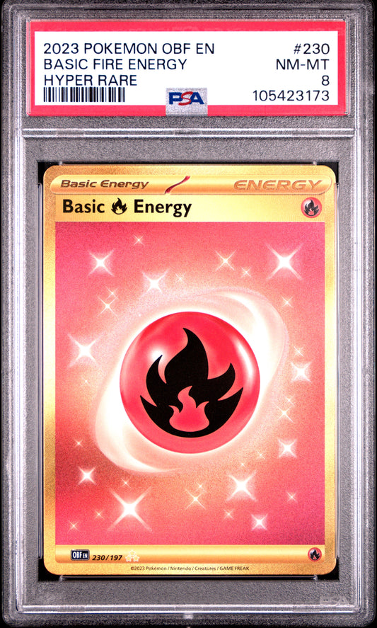 BASIC FIRE ENERGY 230/197 Common POKEMON OBF EN-OBSIDIAN FLAMES HYPER RARE PSA8 NM-MT 8 PSA population 218 <a href=https://www.psacard.com/cert/105423173/psa>https://www.psacard.com/cert/105423173/psa</a>