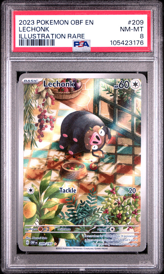 LECHONK 209/197 Common POKEMON OBF EN-OBSIDIAN FLAMES ILLUSTRATION RARE PSA8 NM-MT 8 PSA population 587 <a href=https://www.psacard.com/cert/105423176/psa>https://www.psacard.com/cert/105423176/psa</a>
