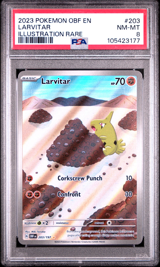 LARVITAR 203/197 Common POKEMON OBF EN-OBSIDIAN FLAMES ILLUSTRATION RARE PSA8 NM-MT 8 PSA population 372 <a href=https://www.psacard.com/cert/105423177/psa>https://www.psacard.com/cert/105423177/psa</a>