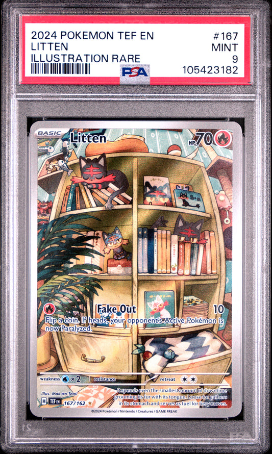 LITTEN 167/162 Common POKEMON TEF EN-TEMPORAL FORCES ILLUSTRATION RARE PSA9 MINT 9 PSA population 1352 <a href=https://www.psacard.com/cert/105423182/psa>https://www.psacard.com/cert/105423182/psa</a>
