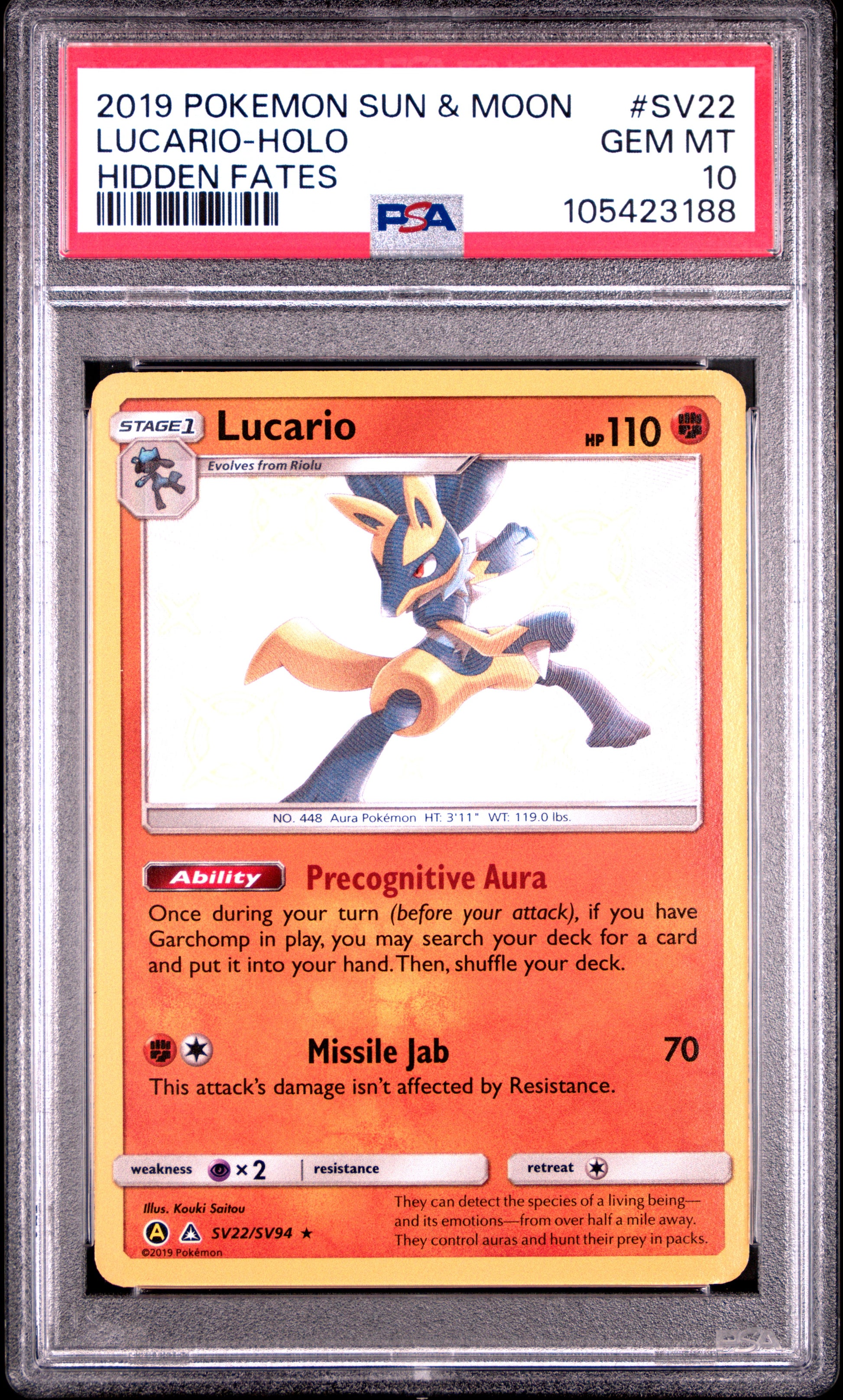 LUCARIO-HOLO SV22/SV94 Common POKEMON SUN & MOON HIDDEN FATES HIDDEN FATES PSA10 GEM MT 10 PSA population 2014 <a href=https://www.psacard.com/cert/105423188/psa>https://www.psacard.com/cert/105423188/psa</a>