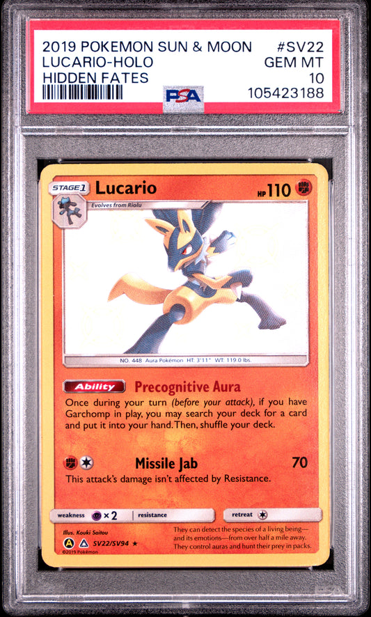LUCARIO-HOLO SV22/SV94 Common POKEMON SUN & MOON HIDDEN FATES HIDDEN FATES PSA10 GEM MT 10 PSA population 2014 <a href=https://www.psacard.com/cert/105423188/psa>https://www.psacard.com/cert/105423188/psa</a>