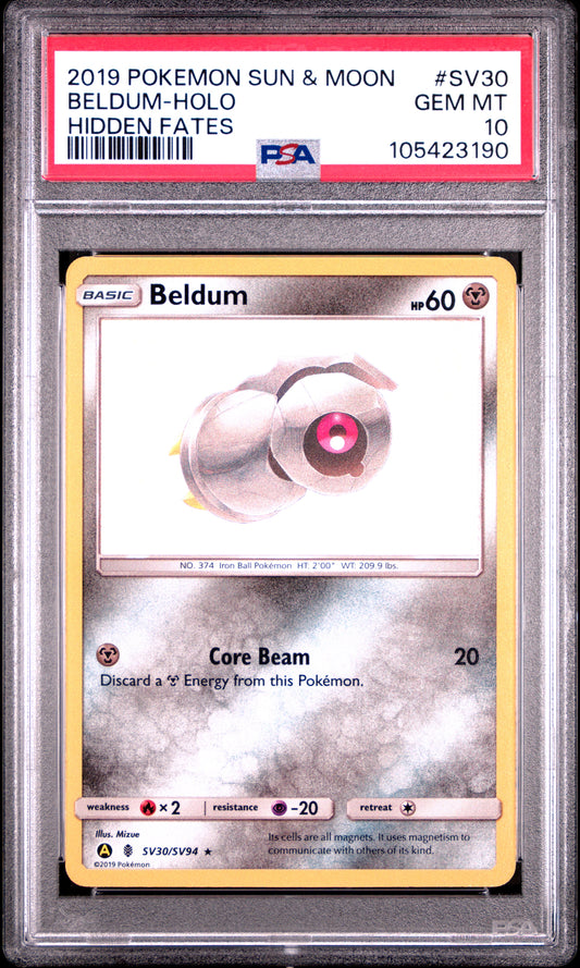 BELDUM-HOLO SV30/SV94 Common POKEMON SUN & MOON HIDDEN FATES HIDDEN FATES PSA10 GEM MT 10 PSA population 1316 <a href=https://www.psacard.com/cert/105423190/psa>https://www.psacard.com/cert/105423190/psa</a>