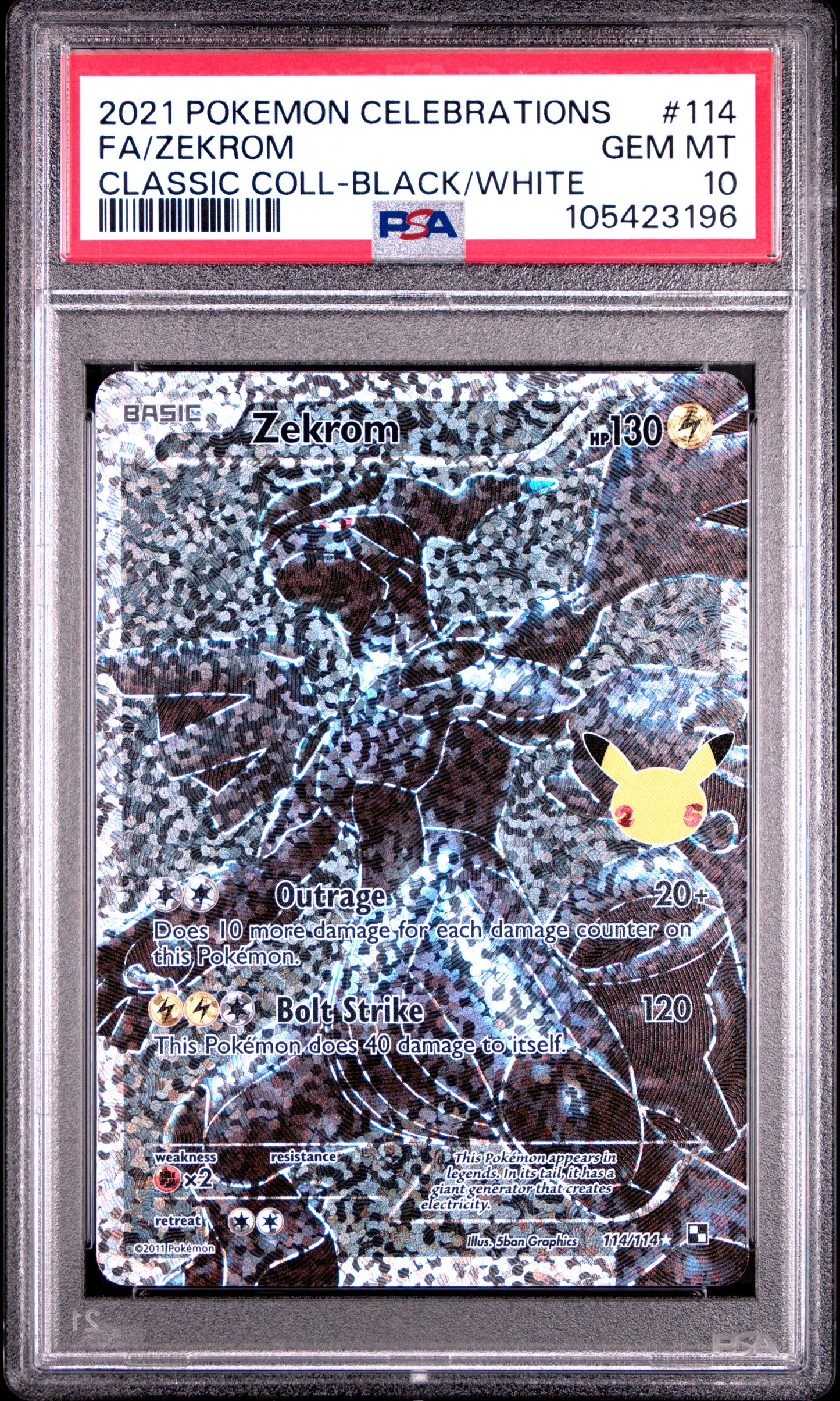 FA/ZEKROM 114/114 Common POKEMON CELEBRATIONS CLASSIC COLLECTION CLASSIC COLL-BLACK/WHITE PSA10 GEM MT 10 PSA population 3730 <a href=https://www.psacard.com/cert/105423196/psa>https://www.psacard.com/cert/105423196/psa</a>