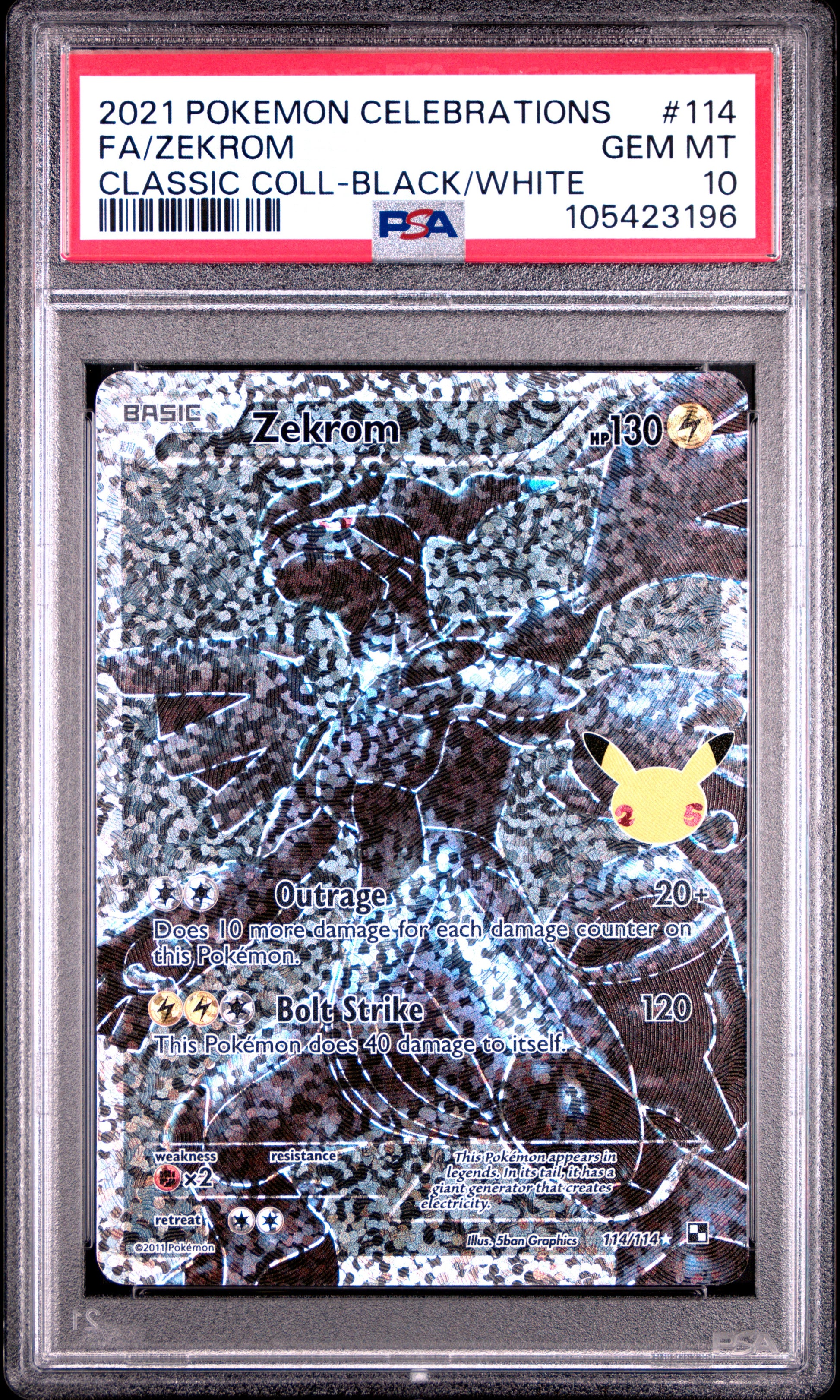 FA/ZEKROM 114/114 Common POKEMON CELEBRATIONS CLASSIC COLLECTION CLASSIC COLL-BLACK/WHITE PSA10 GEM MT 10 PSA population 3730 <a href=https://www.psacard.com/cert/105423196/psa>https://www.psacard.com/cert/105423196/psa</a>
