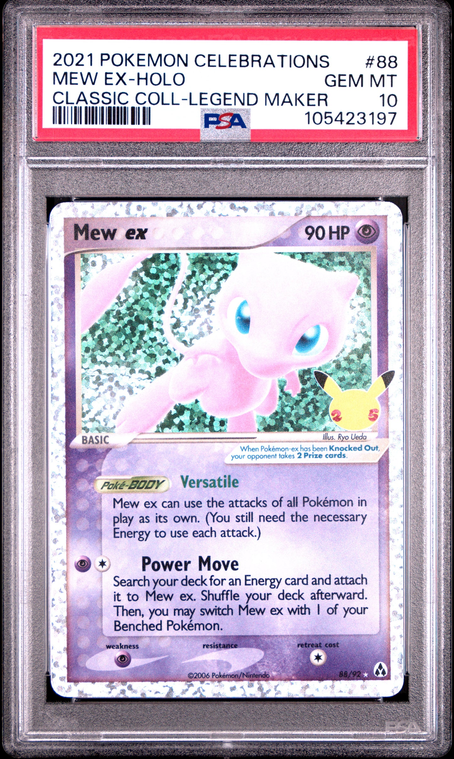 MEW EX-HOLO 88/92 Common POKEMON CELEBRATIONS CLASSIC COLLECTION CLASSIC COLL-LEGEND MAKER PSA10 GEM MT 10 PSA population 3430 <a href=https://www.psacard.com/cert/105423197/psa>https://www.psacard.com/cert/105423197/psa</a>