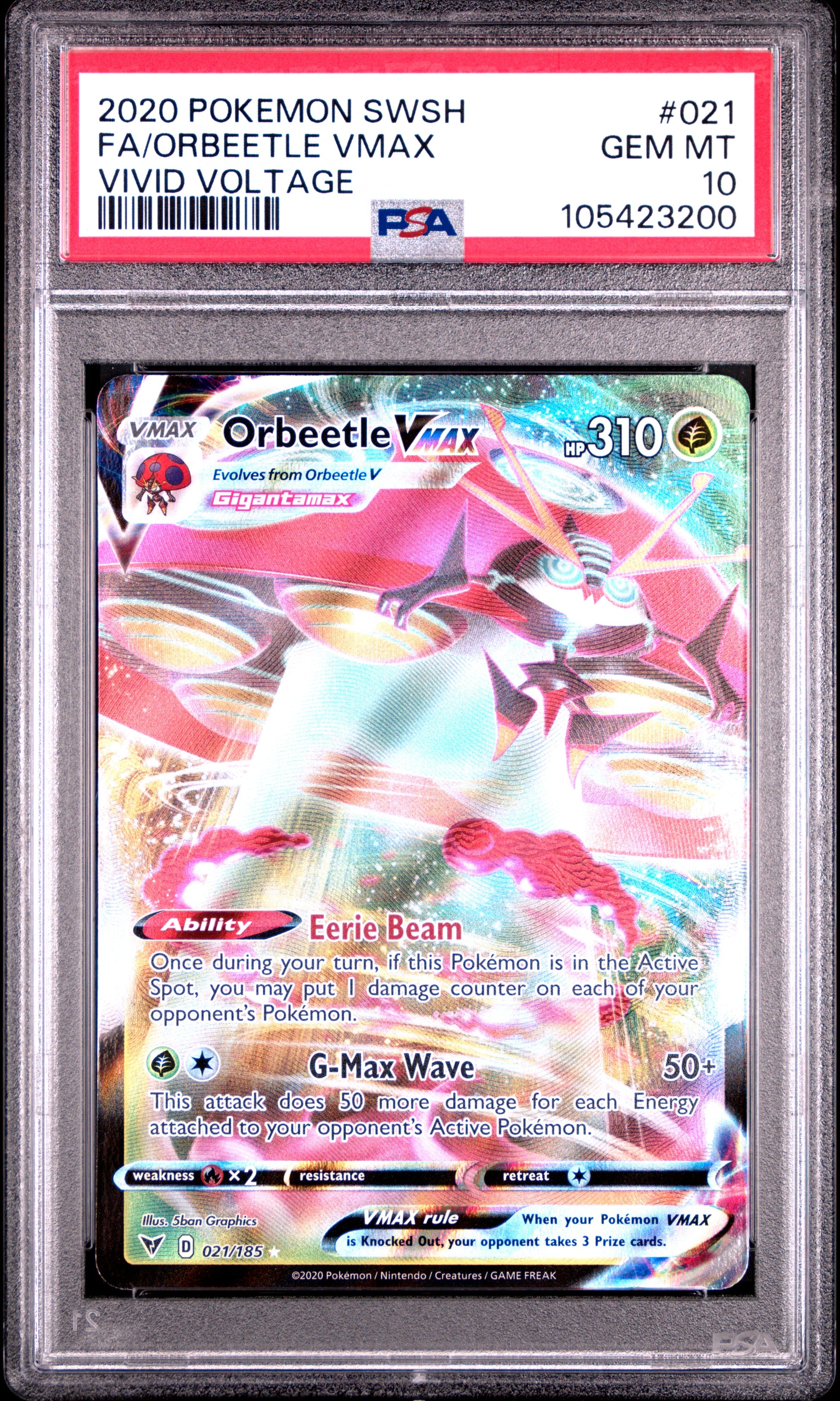 FA/ORBEETLE VMAX 21/185 Common POKEMON SWORD & SHIELD VIVID VOLTAGE VIVID VOLTAGE PSA10 GEM MT 10 PSA population 740 <a href=https://www.psacard.com/cert/105423200/psa>https://www.psacard.com/cert/105423200/psa</a>