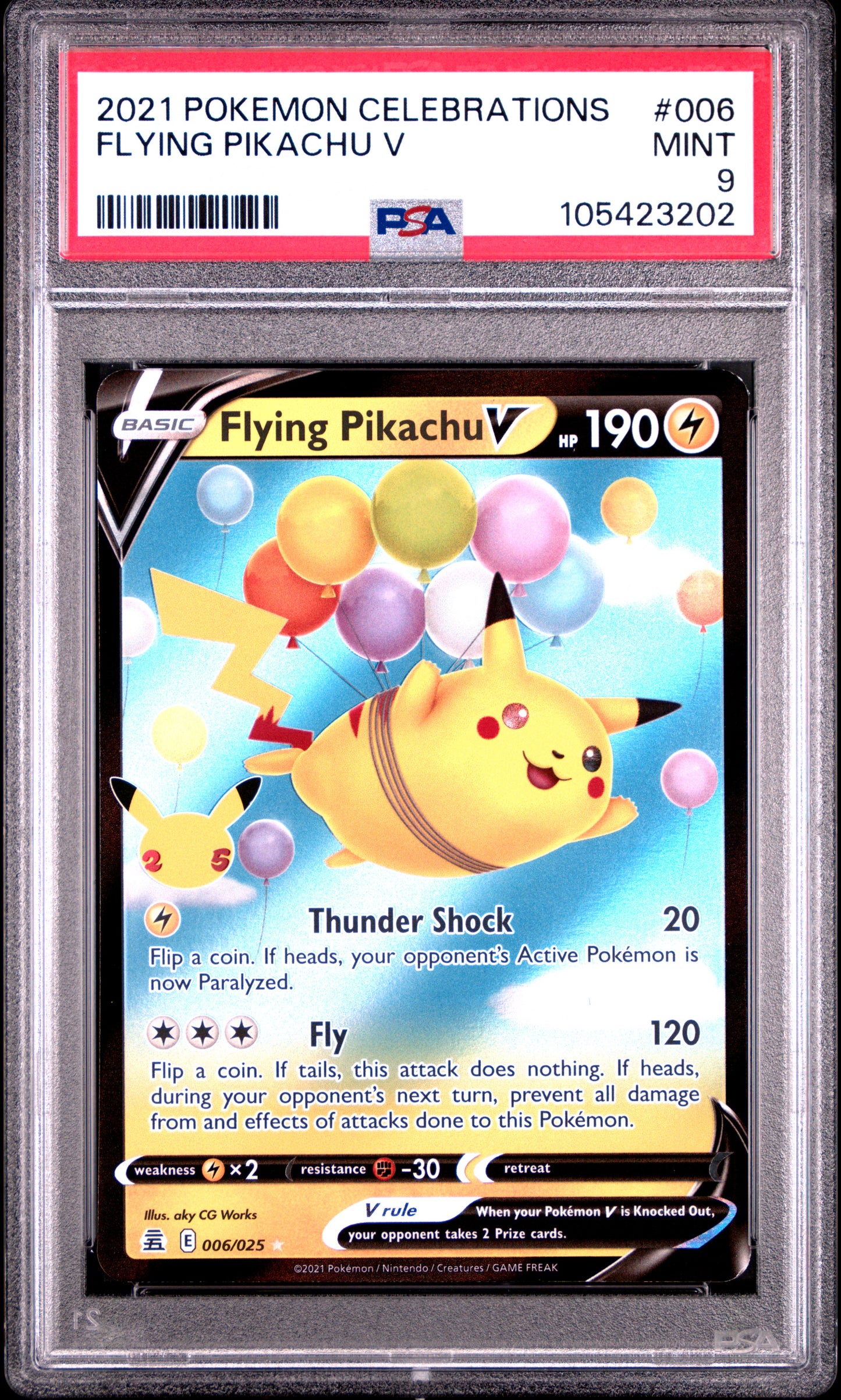 FLYING PIKACHU V 6/25 Common POKEMON CELEBRATIONS PSA9 MINT 9 PSA population 1049 <a href=https://www.psacard.com/cert/105423202/psa>https://www.psacard.com/cert/105423202/psa</a>