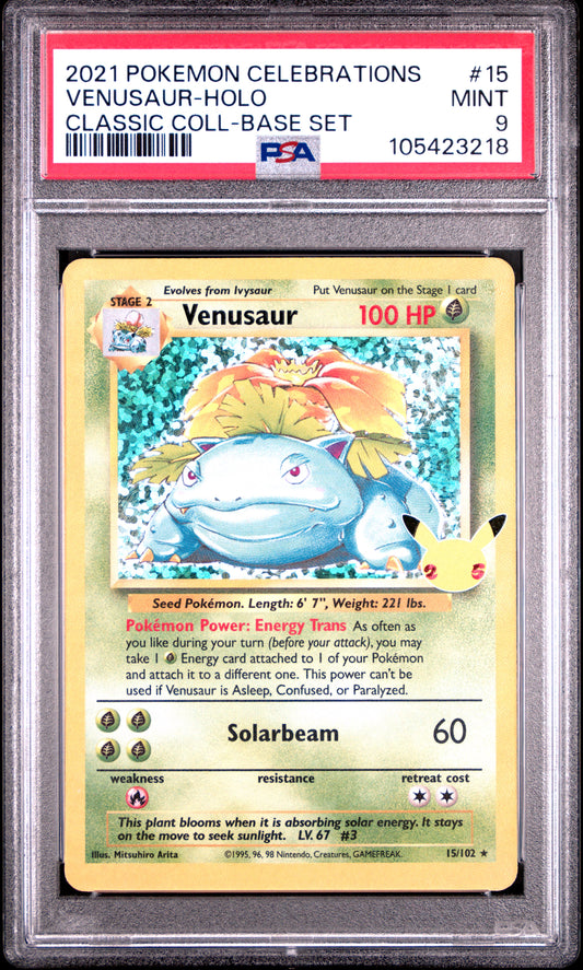 VENUSAUR-HOLO 15/102 Common POKEMON CELEBRATIONS CLASSIC COLLECTION CLASSIC COLL-BASE SET PSA9 MINT 9 PSA population 8831 <a href=https://www.psacard.com/cert/105423218/psa>https://www.psacard.com/cert/105423218/psa</a>