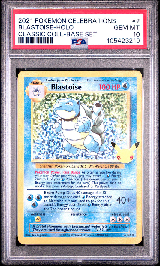 BLASTOISE-HOLO 2/102 Common POKEMON CELEBRATIONS CLASSIC COLLECTION CLASSIC COLL-BASE SET PSA10 GEM MT 10 PSA population 19916 <a href=https://www.psacard.com/cert/105423219/psa>https://www.psacard.com/cert/105423219/psa</a>