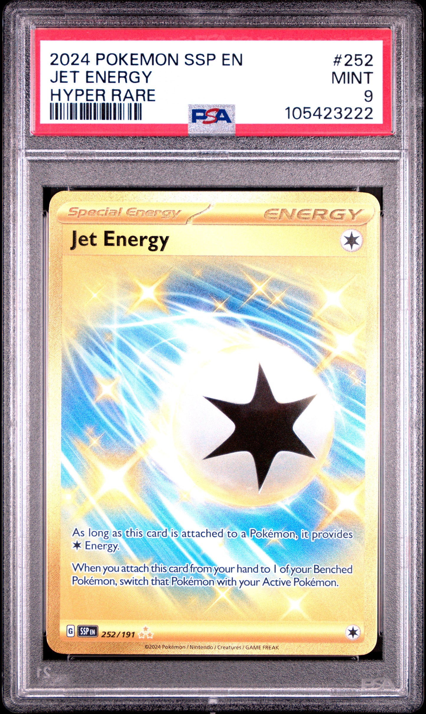 JET ENERGY 252/191 Common POKEMON SSP EN-SURGING SPARKS HYPER RARE PSA9 MINT 9 PSA population 262 <a href=https://www.psacard.com/cert/105423222/psa>https://www.psacard.com/cert/105423222/psa</a>