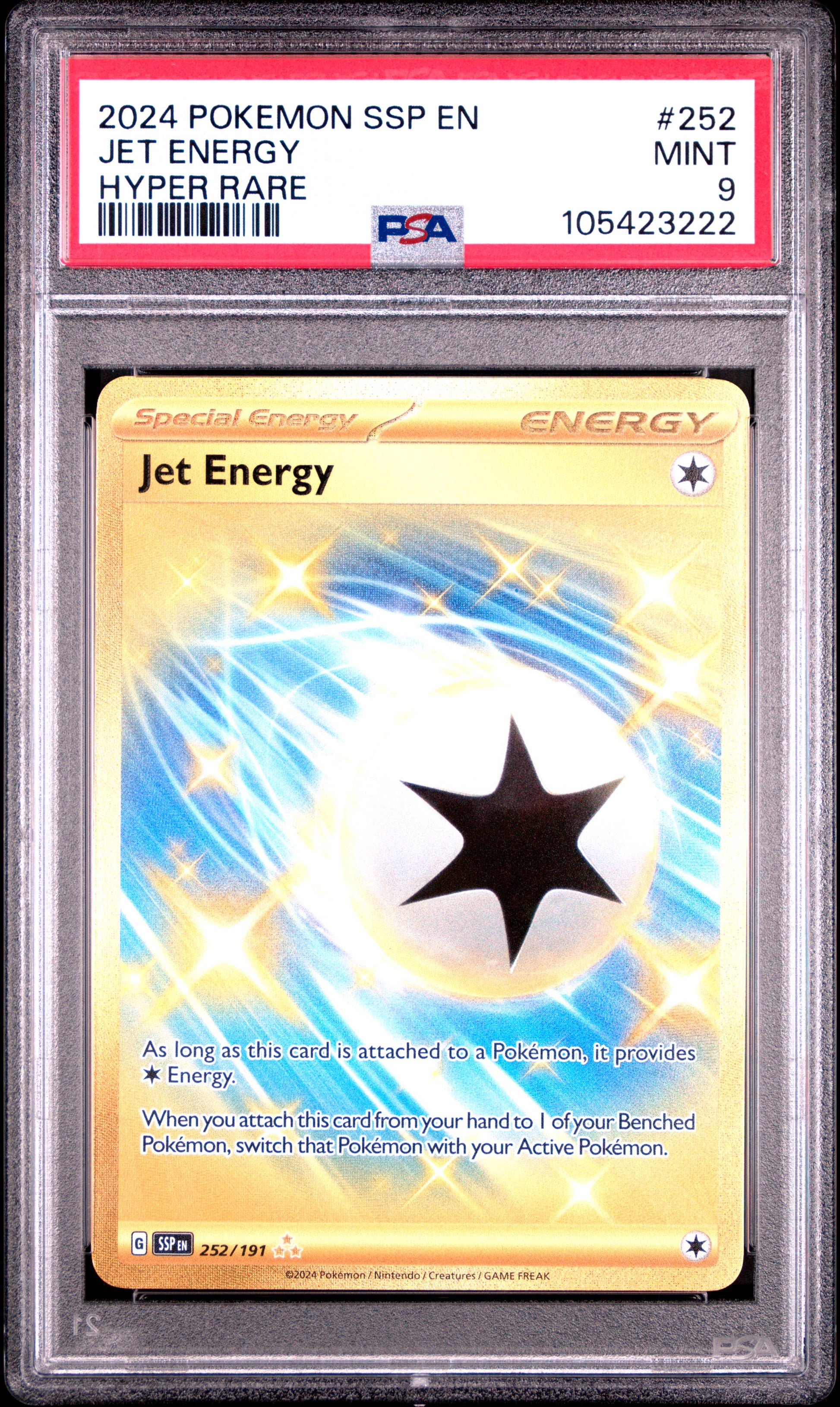 JET ENERGY 252/191 Common POKEMON SSP EN-SURGING SPARKS HYPER RARE PSA9 MINT 9 PSA population 262 <a href=https://www.psacard.com/cert/105423222/psa>https://www.psacard.com/cert/105423222/psa</a>
