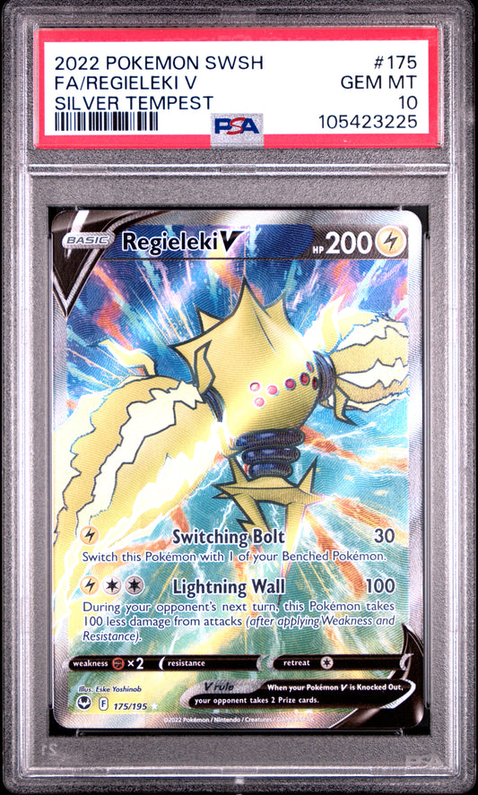 FA/REGIELEKI V 175/195 Common POKEMON SWORD & SHIELD SILVER TEMPEST SILVER TEMPEST PSA10 GEM MT 10 PSA population 103 <a href=https://www.psacard.com/cert/105423225/psa>https://www.psacard.com/cert/105423225/psa</a>