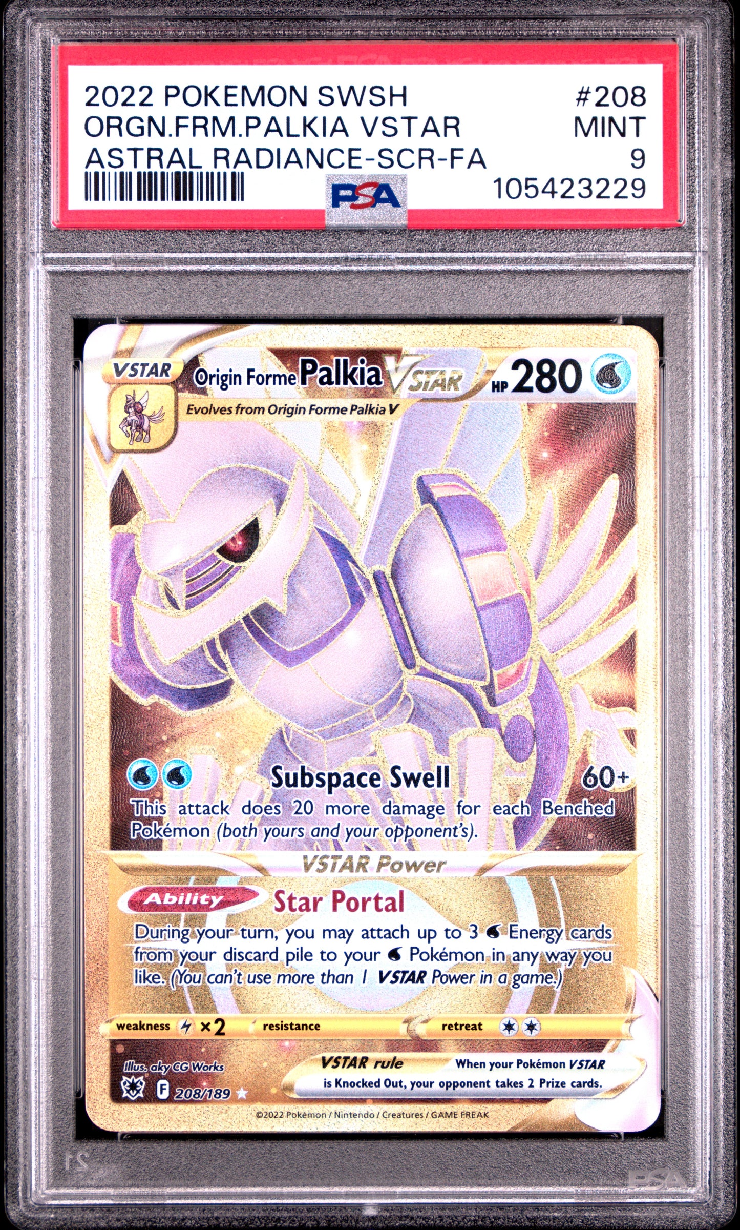 ORGN.FRM.PALKIA VSTAR 208/189 Common POKEMON SWORD & SHIELD ASTRAL RADIANCE ASTRAL RADIANCE-SCR-FA PSA9 MINT 9 PSA population 309 <a href=https://www.psacard.com/cert/105423229/psa>https://www.psacard.com/cert/105423229/psa</a>