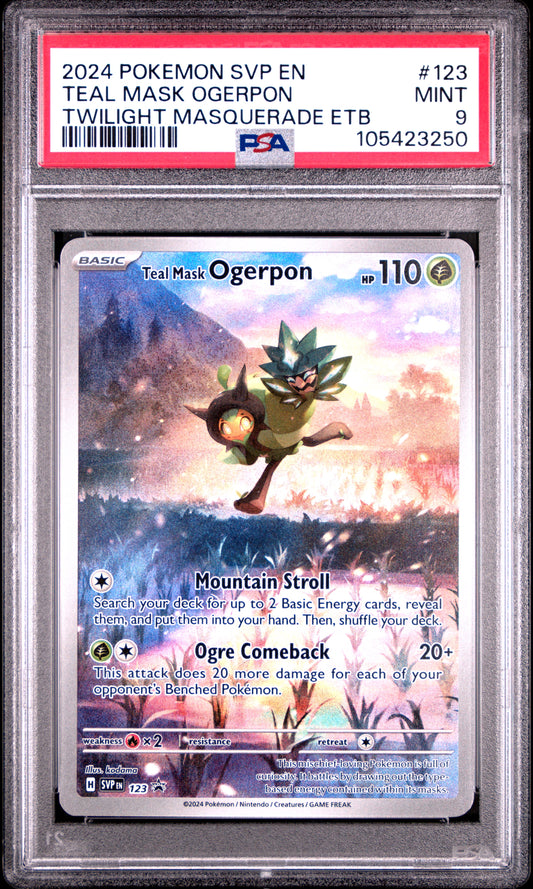TEAL MASK OGERPON 123/SVP Common POKEMON SVP EN-SV BLACK STAR PROMO TWILIGHT MASQUERADE ETB PSA9 MINT 9 PSA population 890 <a href=https://www.psacard.com/cert/105423250/psa>https://www.psacard.com/cert/105423250/psa</a>