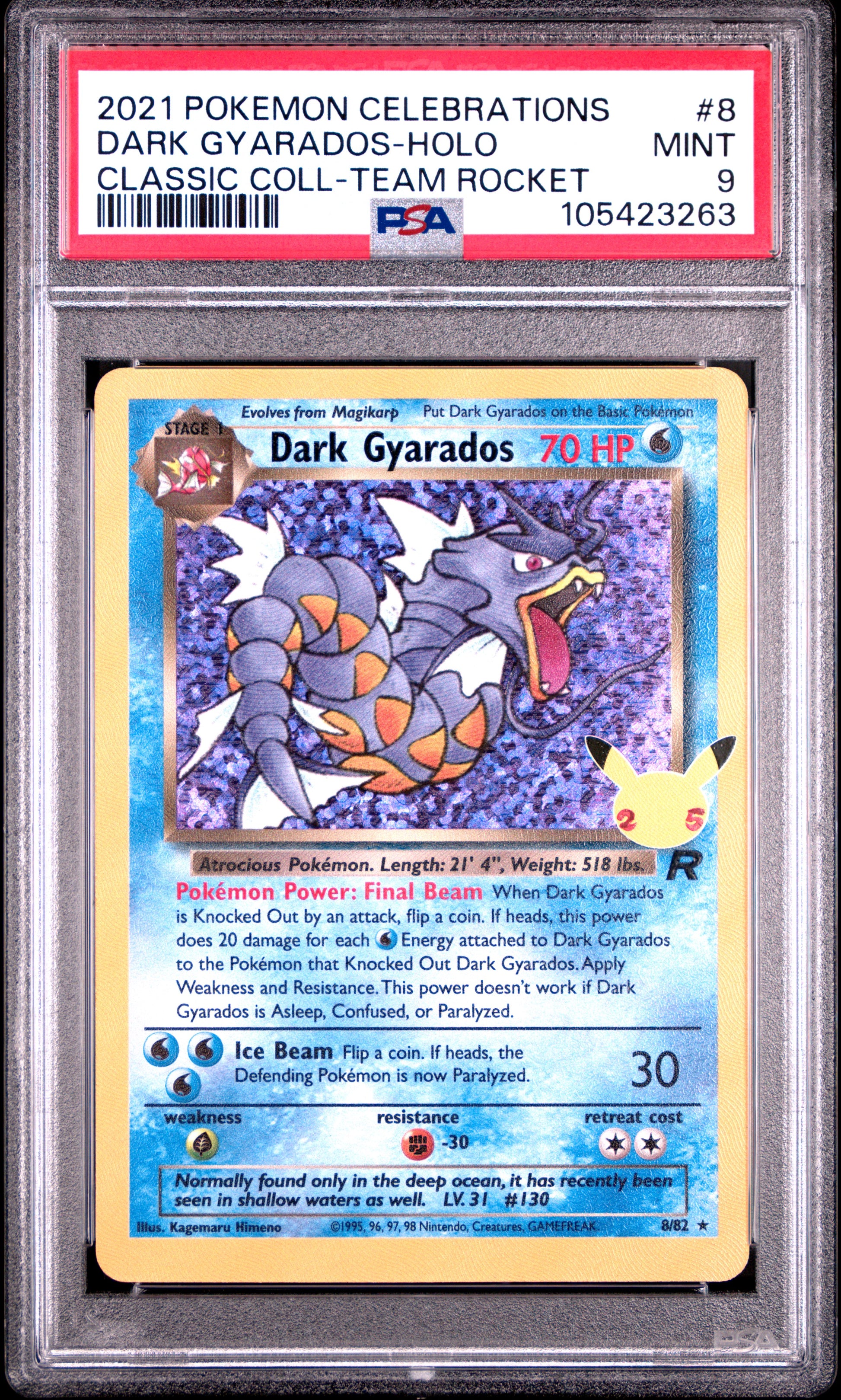 DARK GYARADOS-HOLO 8/82 Common POKEMON CELEBRATIONS CLASSIC COLLECTION CLASSIC COLL-TEAM ROCKET PSA9 MINT 9 PSA population 1580 <a href=https://www.psacard.com/cert/105423263/psa>https://www.psacard.com/cert/105423263/psa</a>
