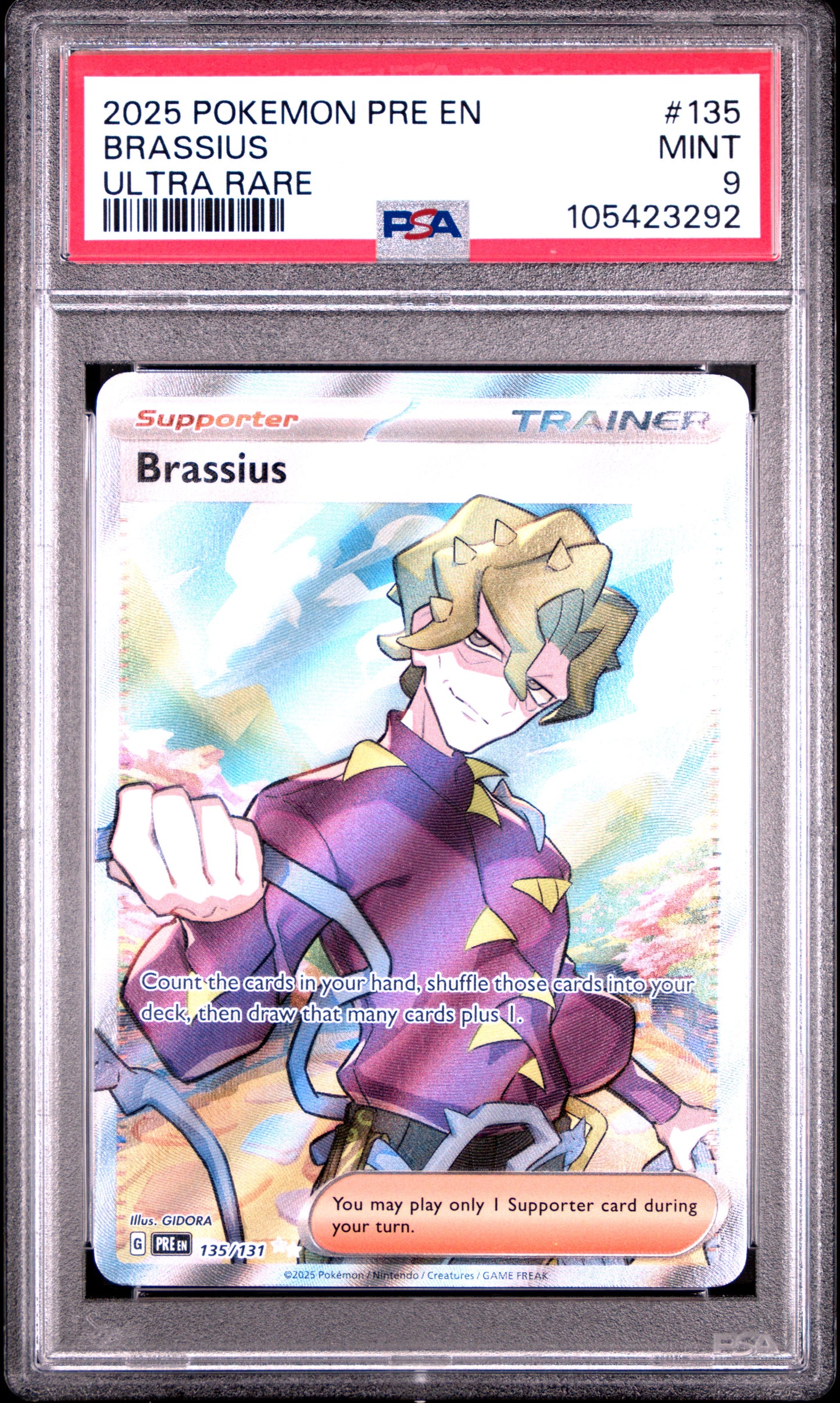 BRASSIUS 135/131 Common POKEMON PRE EN-PRISMATIC EVOLUTIONS ULTRA RARE PSA9 MINT 9 PSA population 100 <a href=https://www.psacard.com/cert/105423292/psa>https://www.psacard.com/cert/105423292/psa</a>