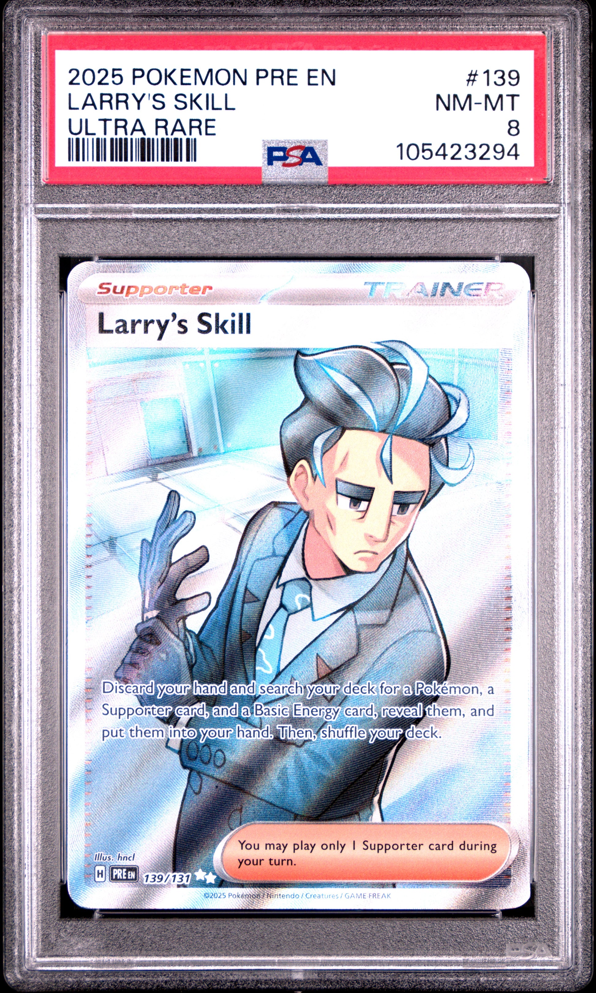 LARRY'S SKILL 139/131 Common POKEMON PRE EN-PRISMATIC EVOLUTIONS ULTRA RARE PSA8 NM-MT 8 PSA population 40 <a href=https://www.psacard.com/cert/105423294/psa>https://www.psacard.com/cert/105423294/psa</a>