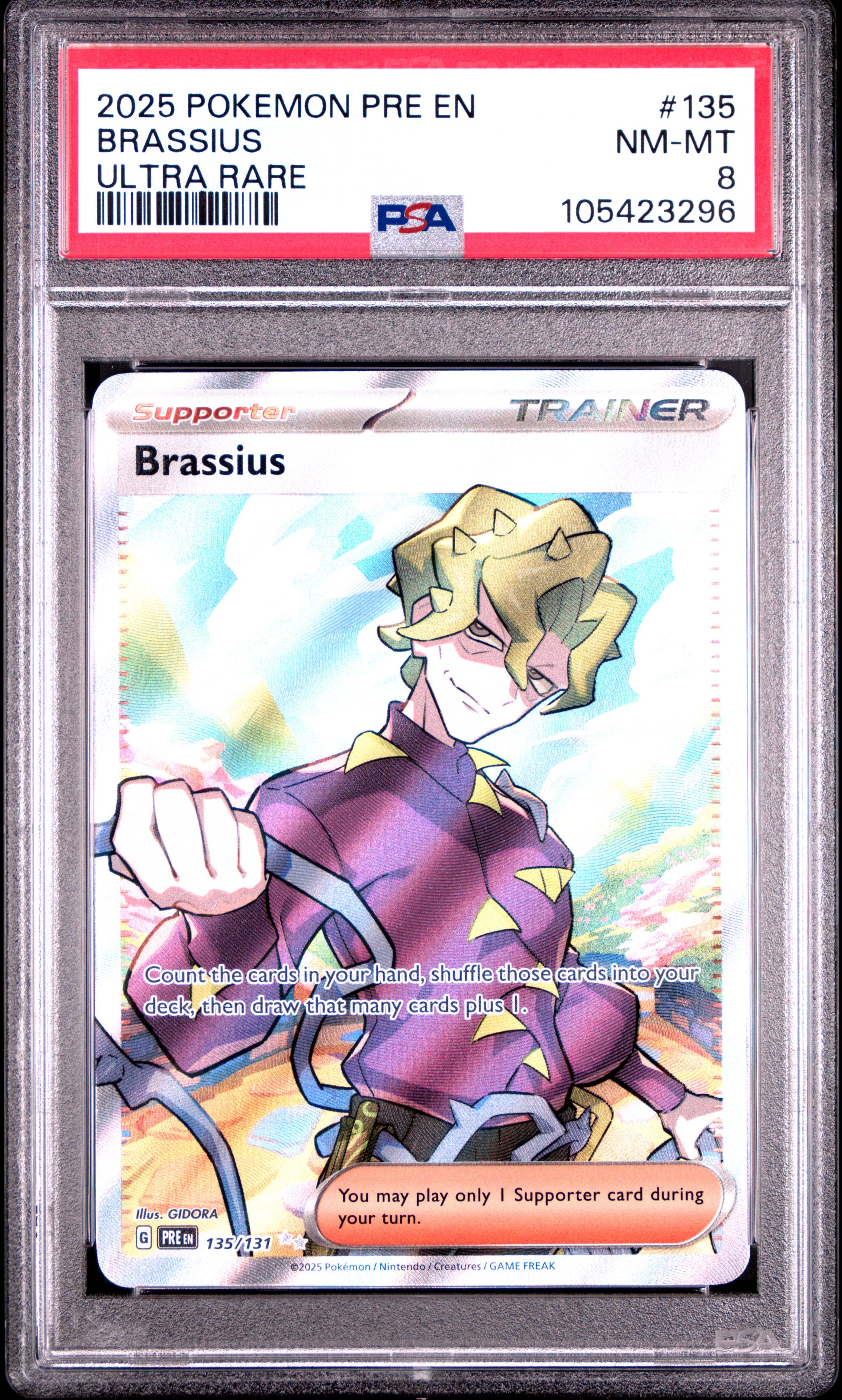 BRASSIUS 135/131 Common POKEMON PRE EN-PRISMATIC EVOLUTIONS ULTRA RARE PSA8 NM-MT 8 PSA population 29 <a href=https://www.psacard.com/cert/105423296/psa>https://www.psacard.com/cert/105423296/psa</a>