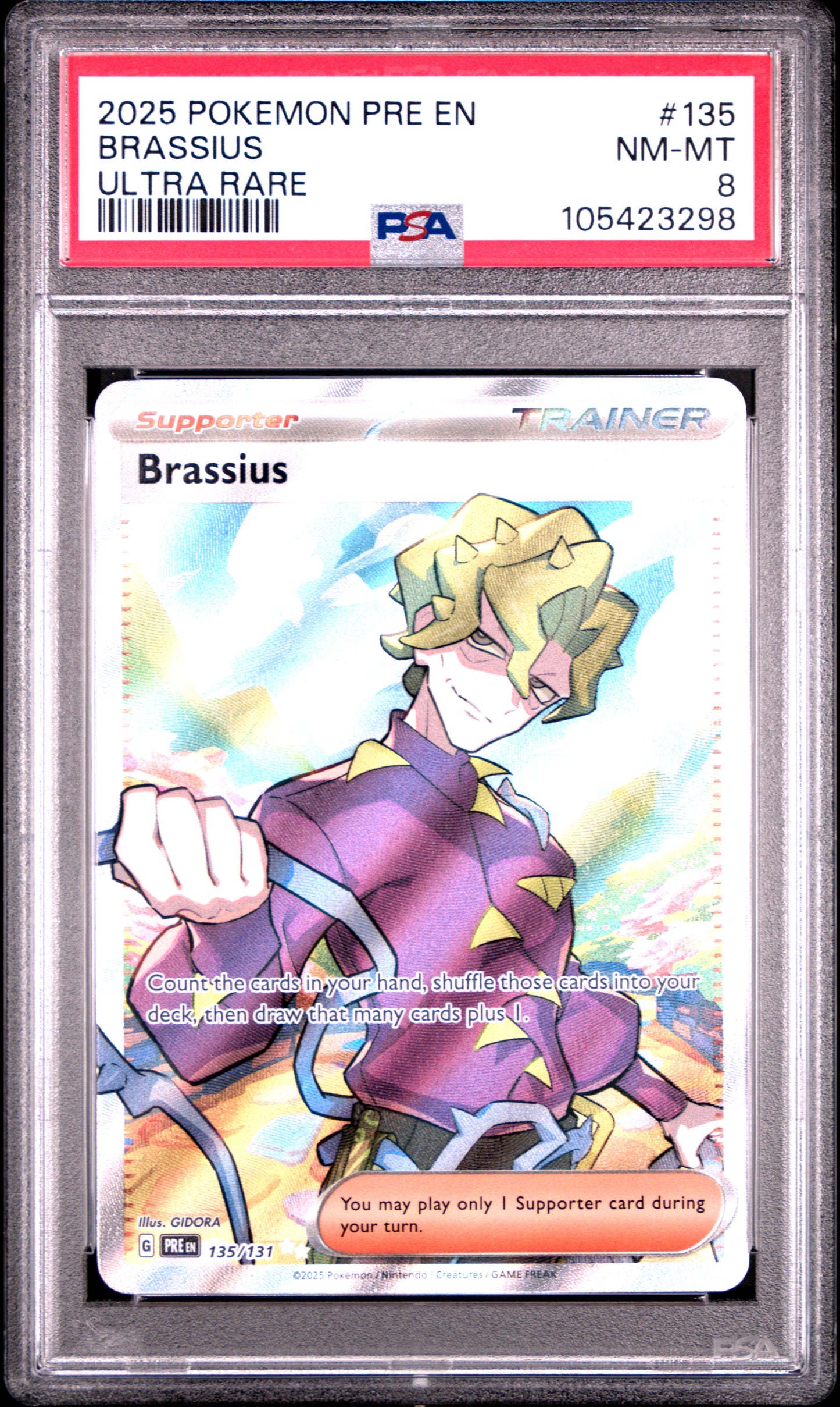 BRASSIUS 135/131 Common POKEMON PRE EN-PRISMATIC EVOLUTIONS ULTRA RARE PSA8 NM-MT 8 PSA population 29 <a href=https://www.psacard.com/cert/105423298/psa>https://www.psacard.com/cert/105423298/psa</a>