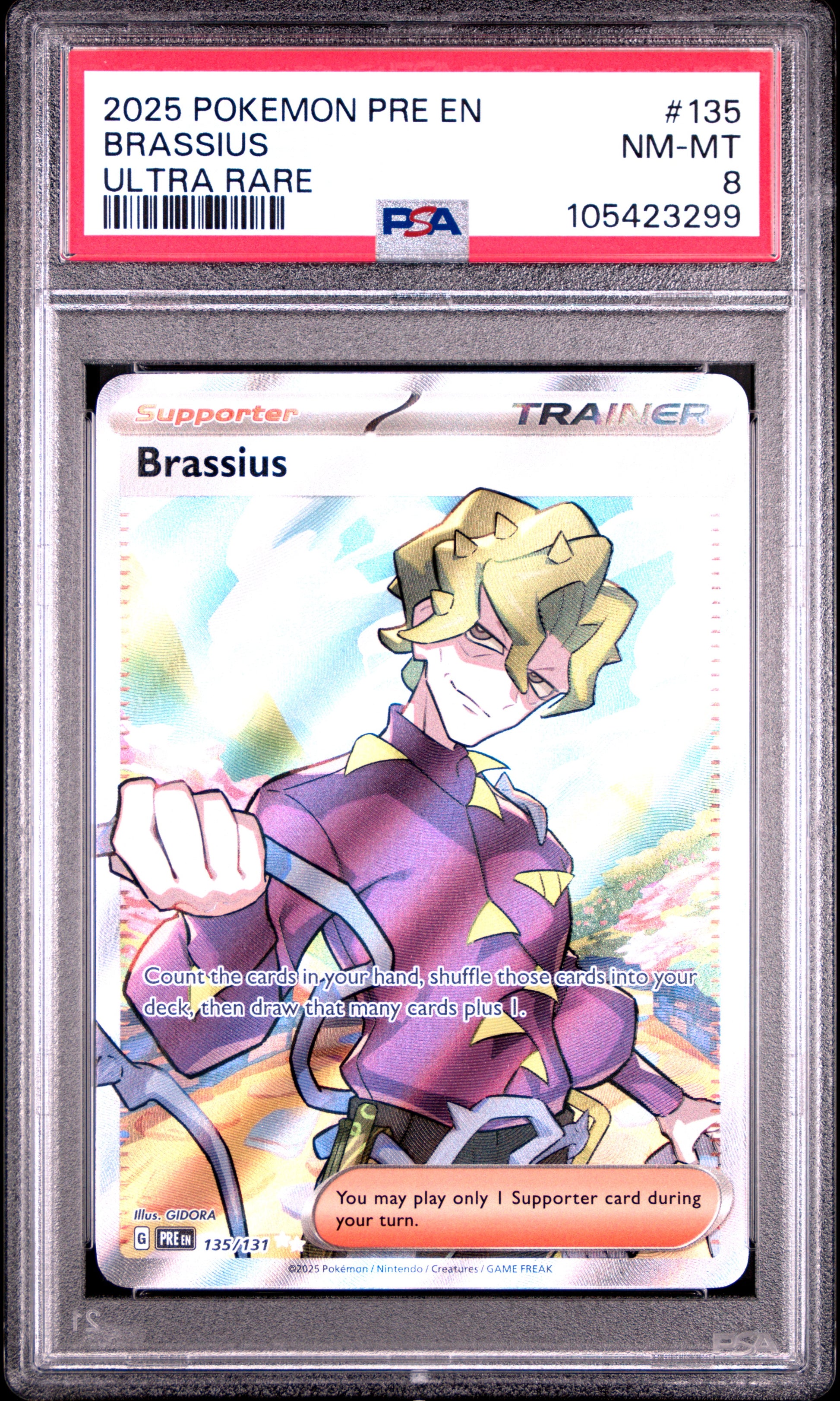 BRASSIUS 135/131 Common POKEMON PRE EN-PRISMATIC EVOLUTIONS ULTRA RARE PSA8 NM-MT 8 PSA population 29 <a href=https://www.psacard.com/cert/105423299/psa>https://www.psacard.com/cert/105423299/psa</a>