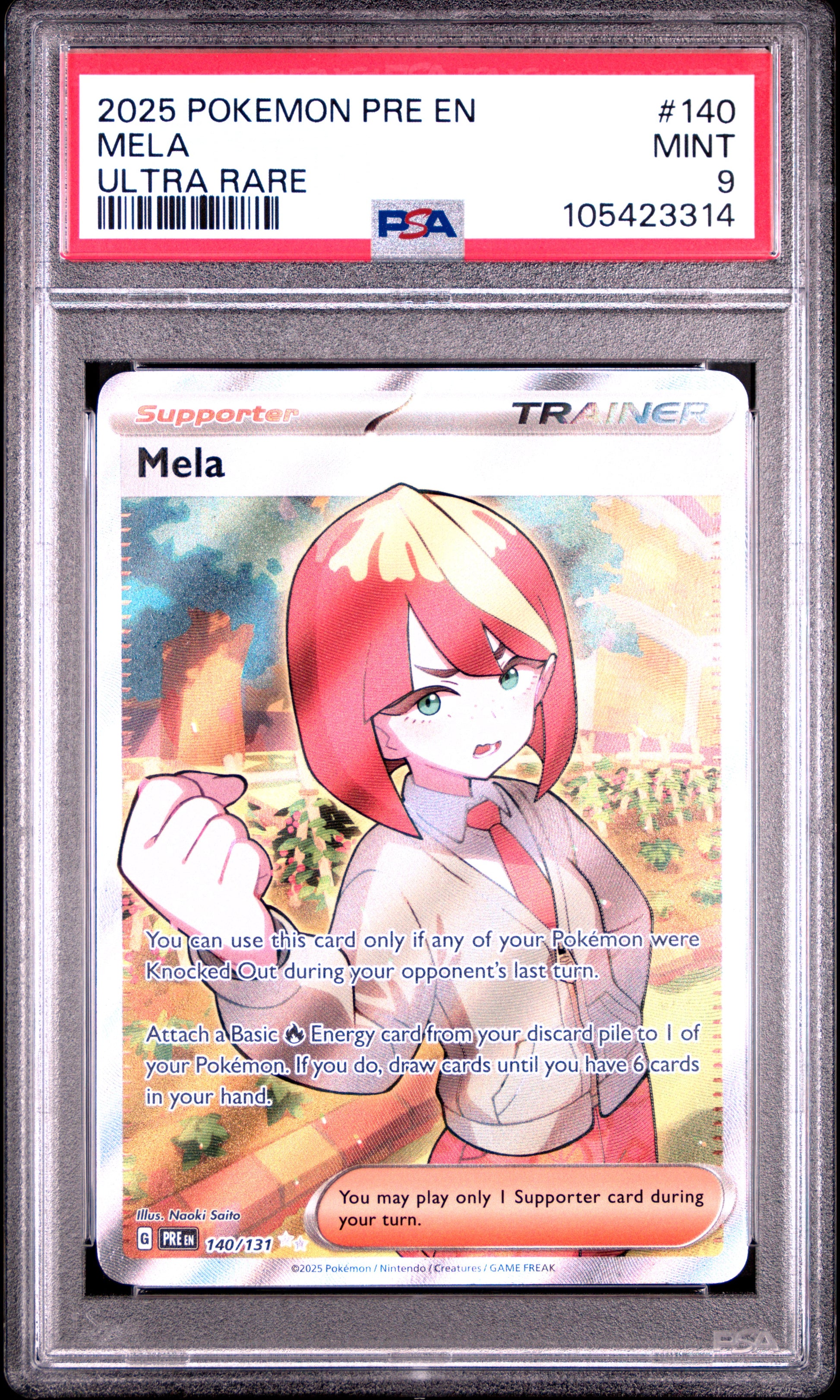MELA 140/131 Common POKEMON PRE EN-PRISMATIC EVOLUTIONS ULTRA RARE PSA9 MINT 9 PSA population 289 <a href=https://www.psacard.com/cert/105423314/psa>https://www.psacard.com/cert/105423314/psa</a>