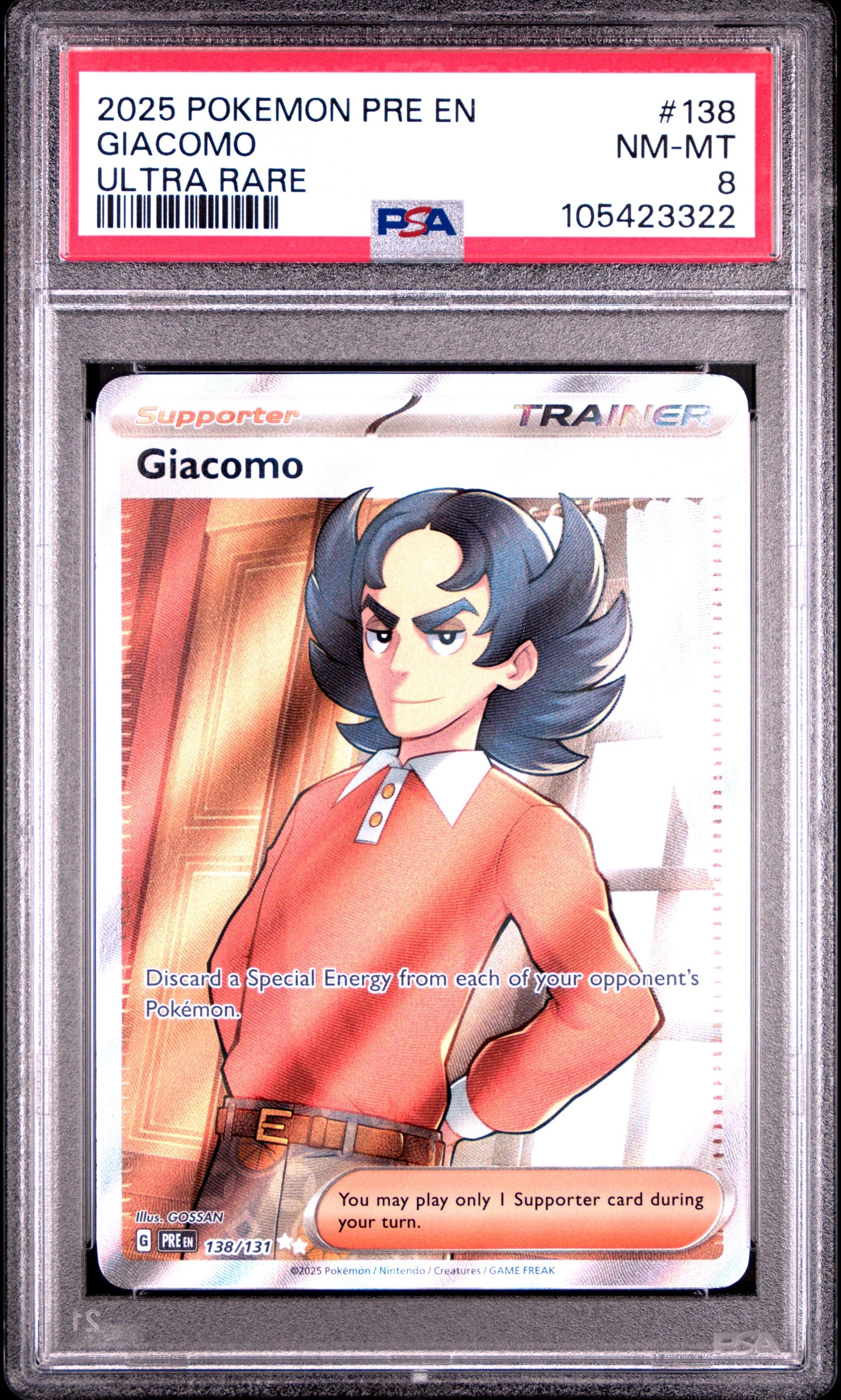 GIACOMO 138/131 Common POKEMON PRE EN-PRISMATIC EVOLUTIONS ULTRA RARE PSA8 NM-MT 8 PSA population 30 <a href=https://www.psacard.com/cert/105423322/psa>https://www.psacard.com/cert/105423322/psa</a>