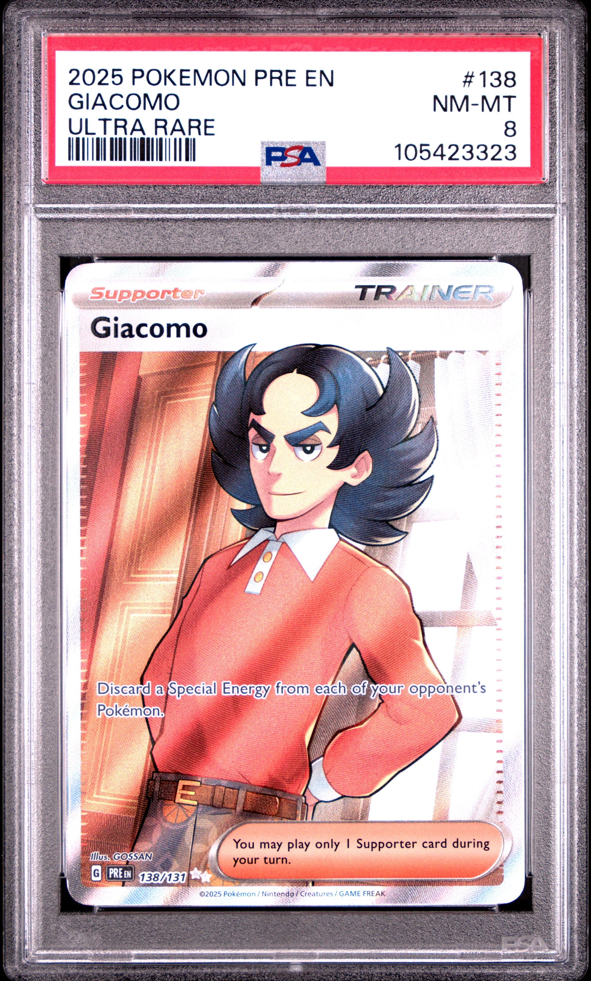 GIACOMO 138/131 Common POKEMON PRE EN-PRISMATIC EVOLUTIONS ULTRA RARE PSA8 NM-MT 8 PSA population 30 <a href=https://www.psacard.com/cert/105423323/psa>https://www.psacard.com/cert/105423323/psa</a>