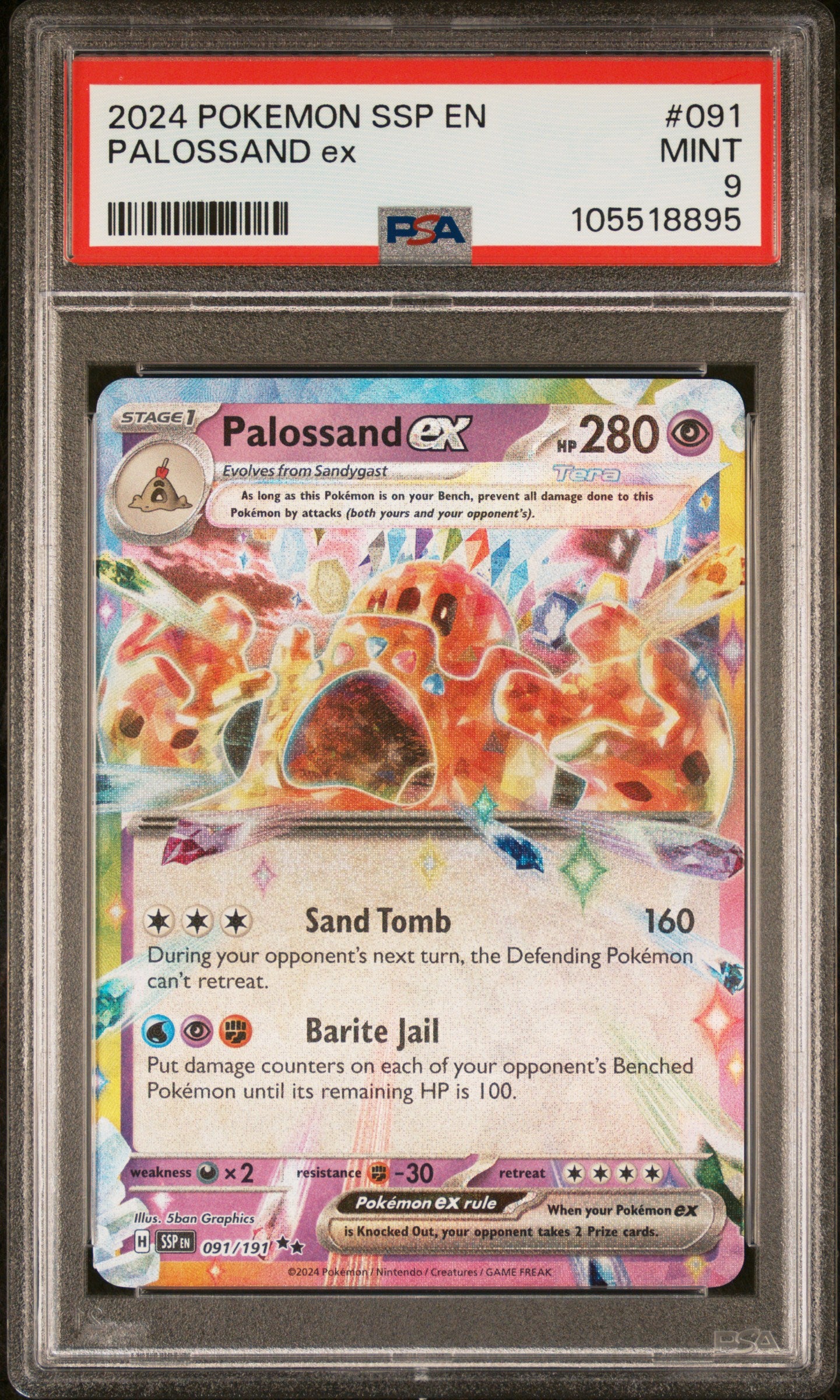PALOSSAND EX 91/191 Common POKEMON SSP EN-SURGING SPARKS PSA9 MINT 9 PSA population 106 <a href=https://www.psacard.com/cert/105518895/psa>https://www.psacard.com/cert/105518895/psa</a>