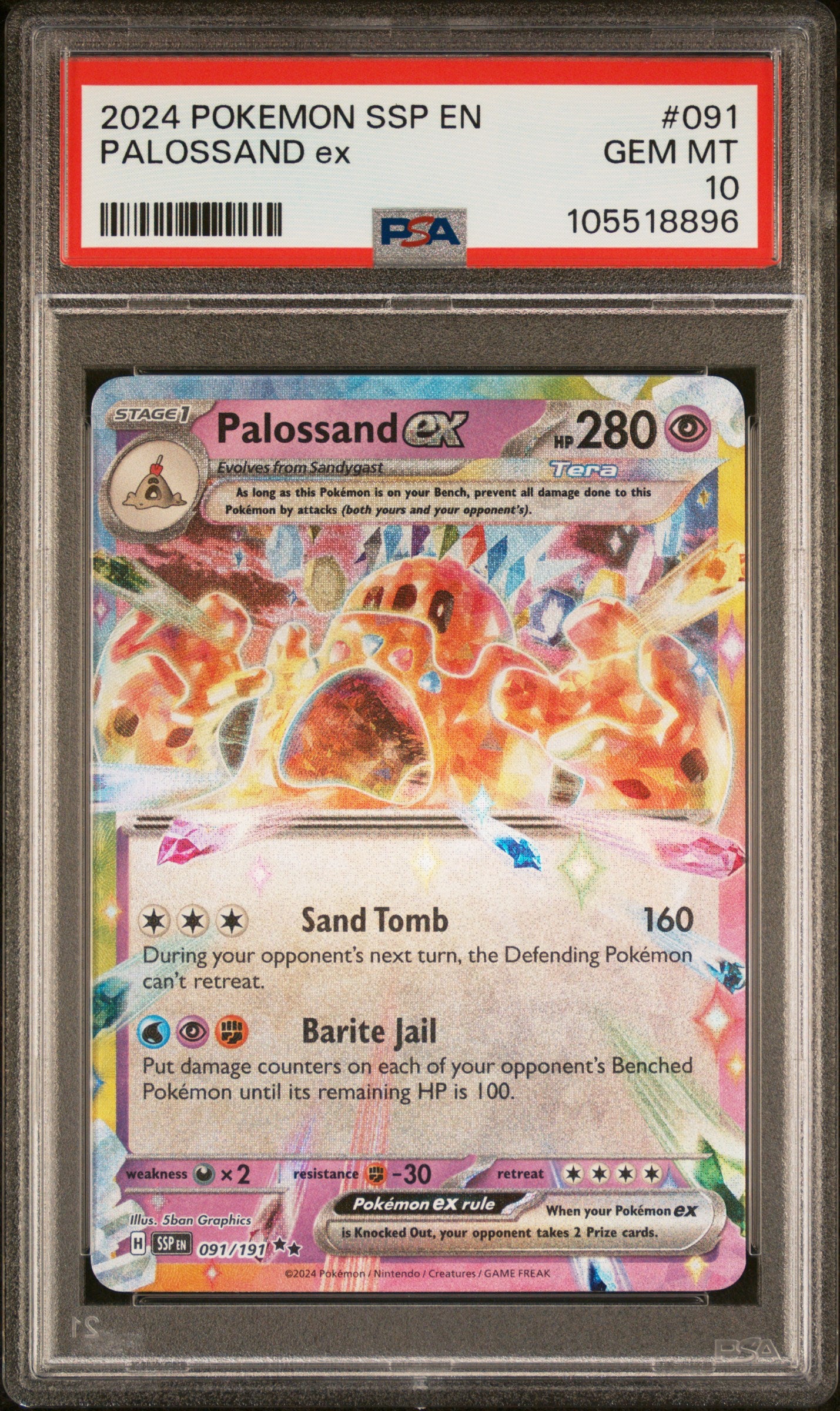 PALOSSAND EX 91/191 Common POKEMON SSP EN-SURGING SPARKS PSA10 GEM MT 10 PSA population 90 <a href=https://www.psacard.com/cert/105518896/psa>https://www.psacard.com/cert/105518896/psa</a>
