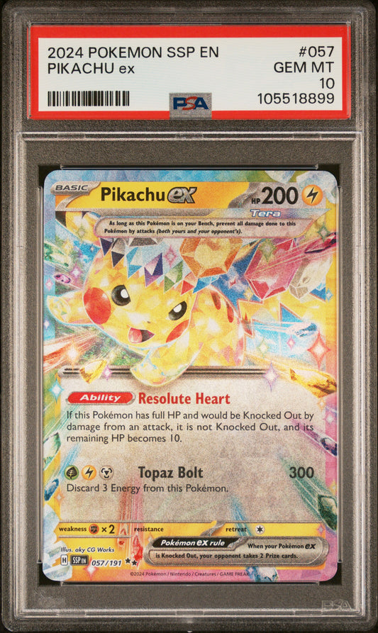 PIKACHU EX 57/191 Common POKEMON SSP EN-SURGING SPARKS PSA10 GEM MT 10 PSA population 4629 <a href=https://www.psacard.com/cert/105518899/psa>https://www.psacard.com/cert/105518899/psa</a>