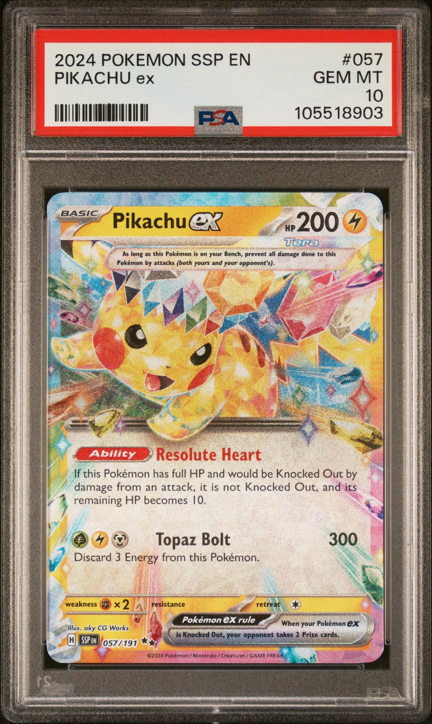 PIKACHU EX 57/191 Common POKEMON SSP EN-SURGING SPARKS PSA10 GEM MT 10 PSA population 4629 <a href=https://www.psacard.com/cert/105518903/psa>https://www.psacard.com/cert/105518903/psa</a>