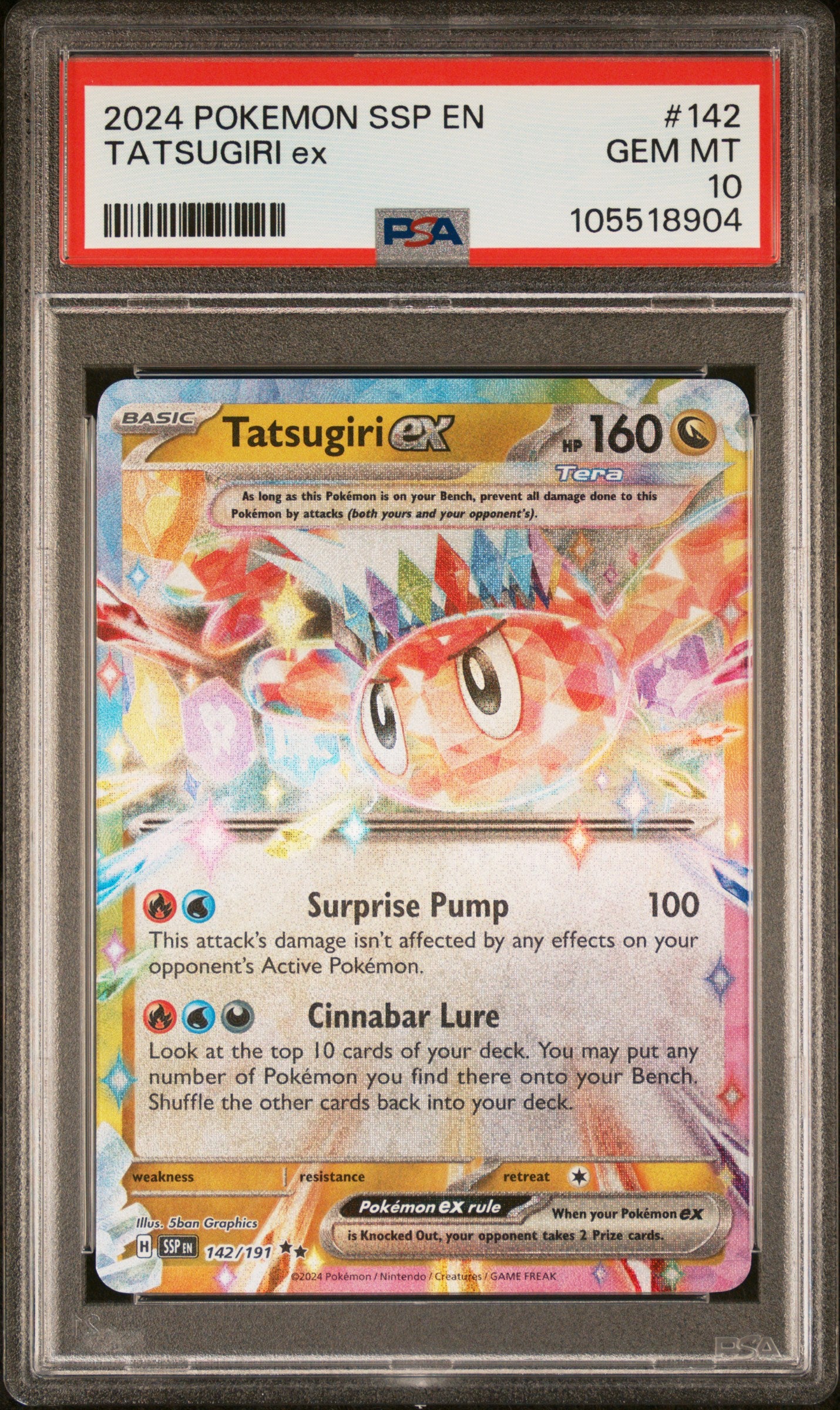 TATSUGIRI EX 142/191 Common POKEMON SSP EN-SURGING SPARKS PSA10 GEM MT 10 PSA population 134 <a href=https://www.psacard.com/cert/105518904/psa>https://www.psacard.com/cert/105518904/psa</a>