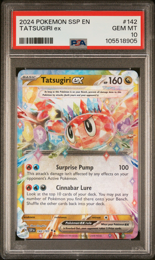 TATSUGIRI EX 142/191 Common POKEMON SSP EN-SURGING SPARKS PSA10 GEM MT 10 PSA population 134 <a href=https://www.psacard.com/cert/105518905/psa>https://www.psacard.com/cert/105518905/psa</a>