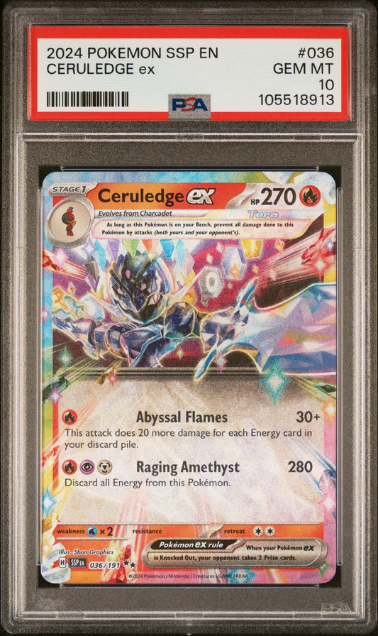 CERULEDGE EX 36/191 Common POKEMON SSP EN-SURGING SPARKS PSA10 GEM MT 10 PSA population 292 <a href=https://www.psacard.com/cert/105518913/psa>https://www.psacard.com/cert/105518913/psa</a>