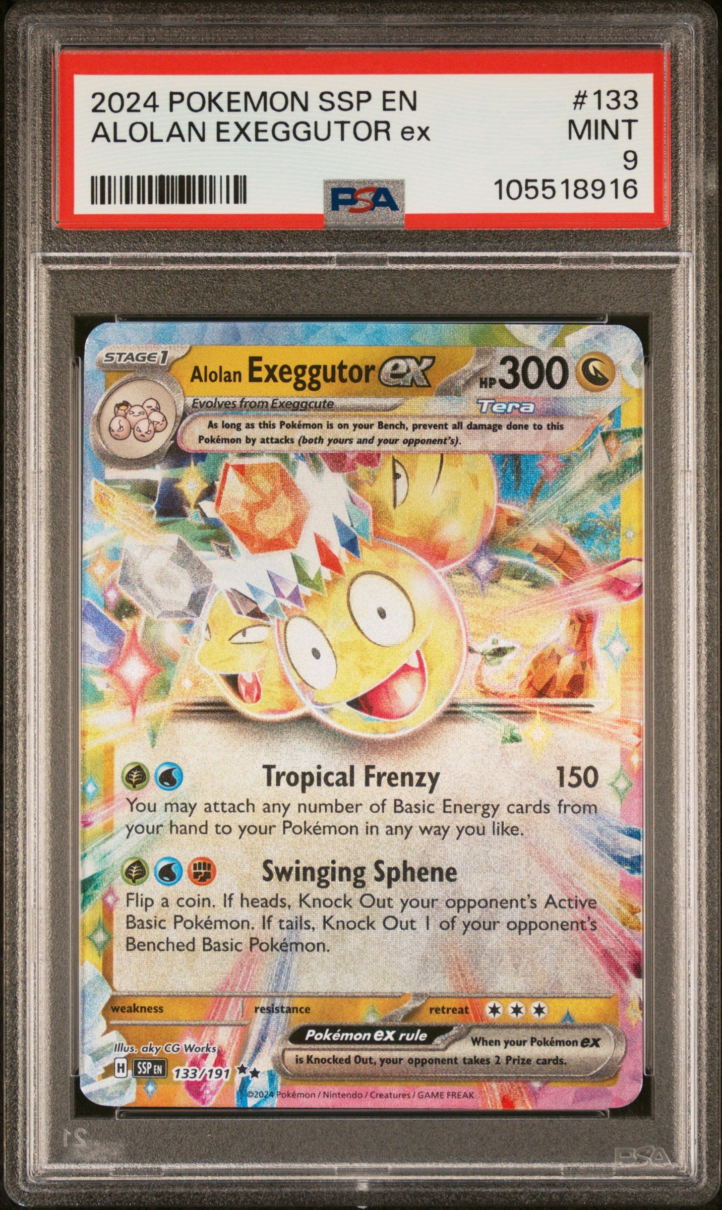 ALOLAN EXEGGUTOR EX 133/191 Common POKEMON SSP EN-SURGING SPARKS PSA9 MINT 9 PSA population 241 <a href=https://www.psacard.com/cert/105518916/psa>https://www.psacard.com/cert/105518916/psa</a>