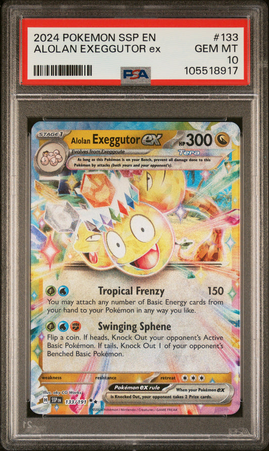 ALOLAN EXEGGUTOR EX 133/191 Common POKEMON SSP EN-SURGING SPARKS PSA10 GEM MT 10 PSA population 201 <a href=https://www.psacard.com/cert/105518917/psa>https://www.psacard.com/cert/105518917/psa</a>