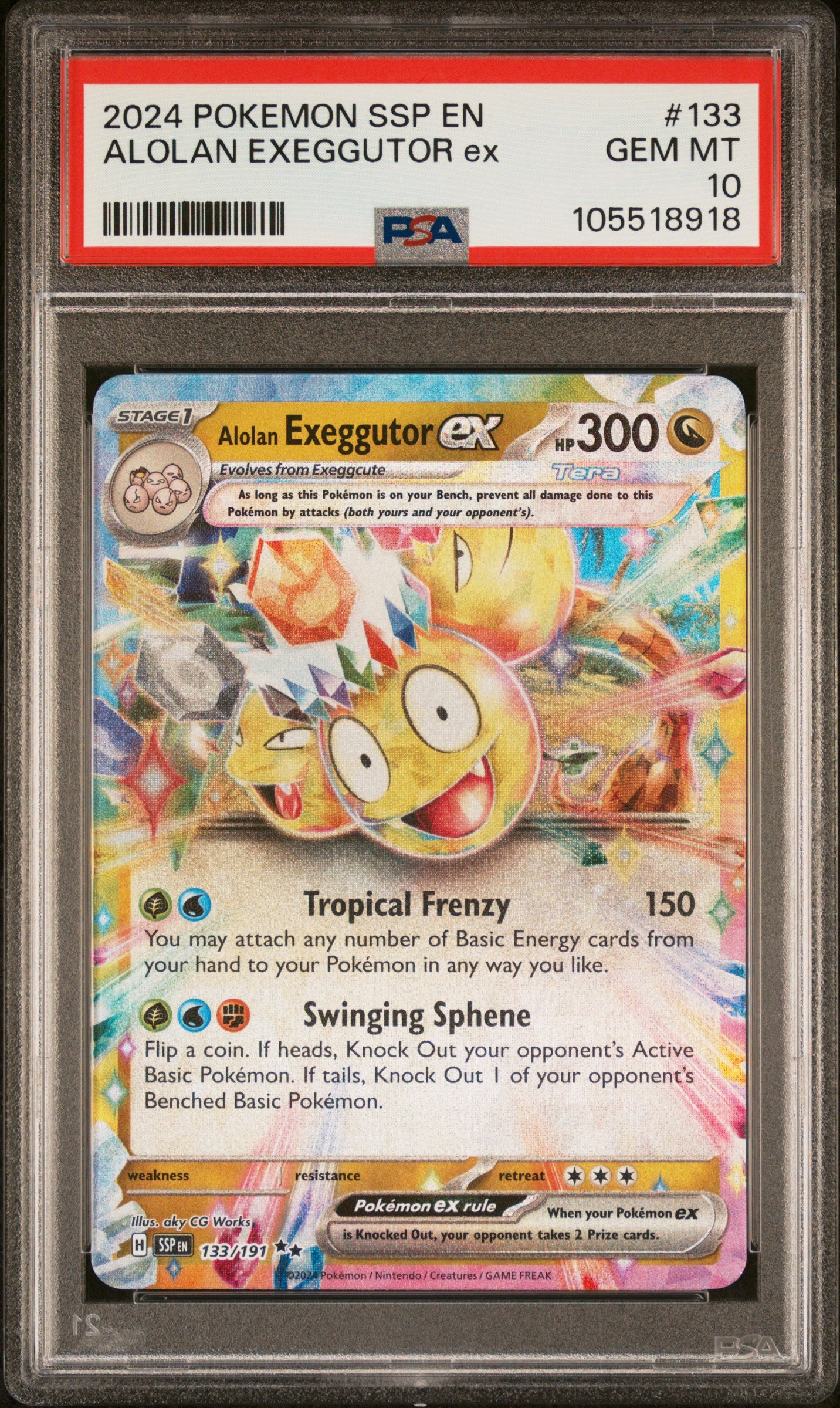 ALOLAN EXEGGUTOR EX 133/191 Common POKEMON SSP EN-SURGING SPARKS PSA10 GEM MT 10 PSA population 201 <a href=https://www.psacard.com/cert/105518918/psa>https://www.psacard.com/cert/105518918/psa</a>