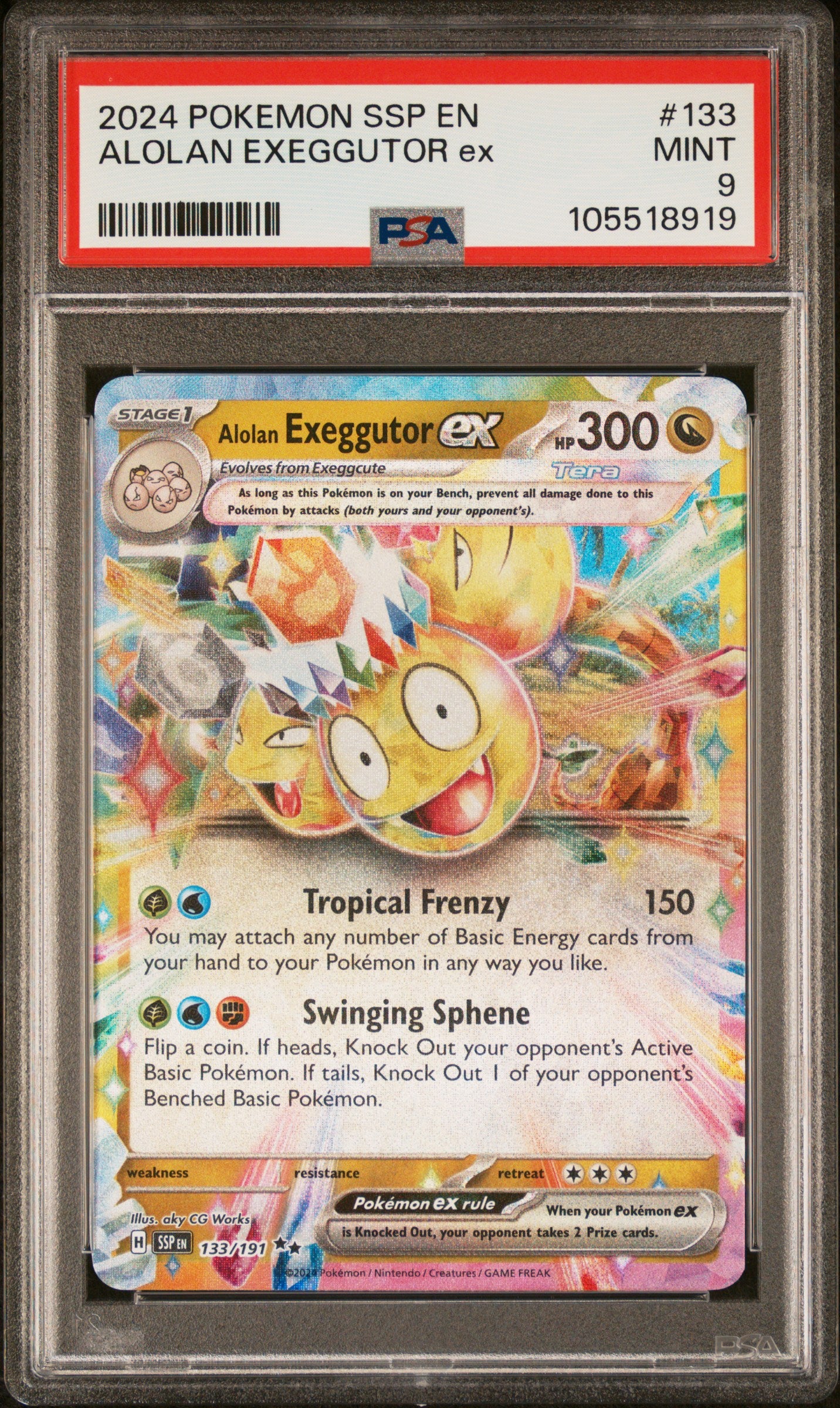 ALOLAN EXEGGUTOR EX 133/191 Common POKEMON SSP EN-SURGING SPARKS PSA9 MINT 9 PSA population 241 <a href=https://www.psacard.com/cert/105518919/psa>https://www.psacard.com/cert/105518919/psa</a>